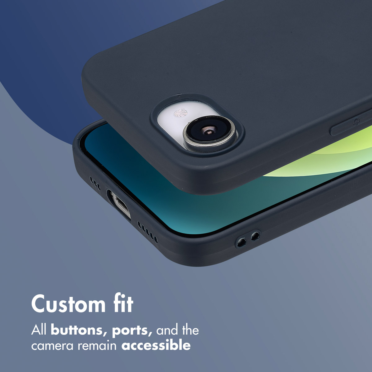 Custodia per telefono blu scuro con ritaglio per fotocamera e porte.