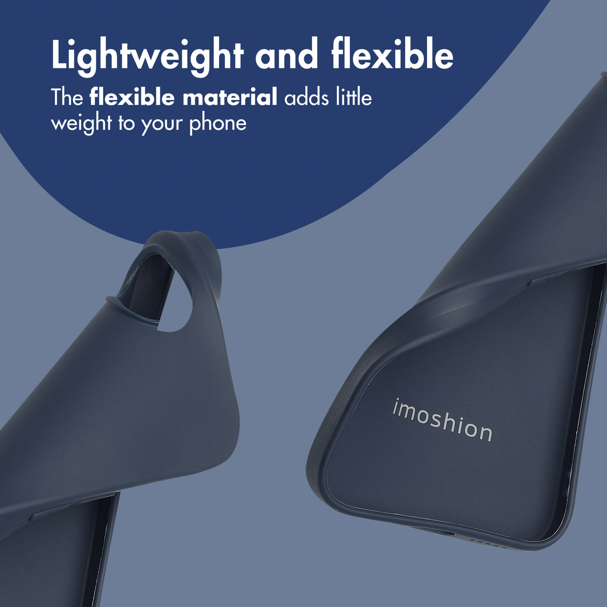 Una custodia flessibile per telefono blu scuro con marchio imoshion su sfondo blu con testo.