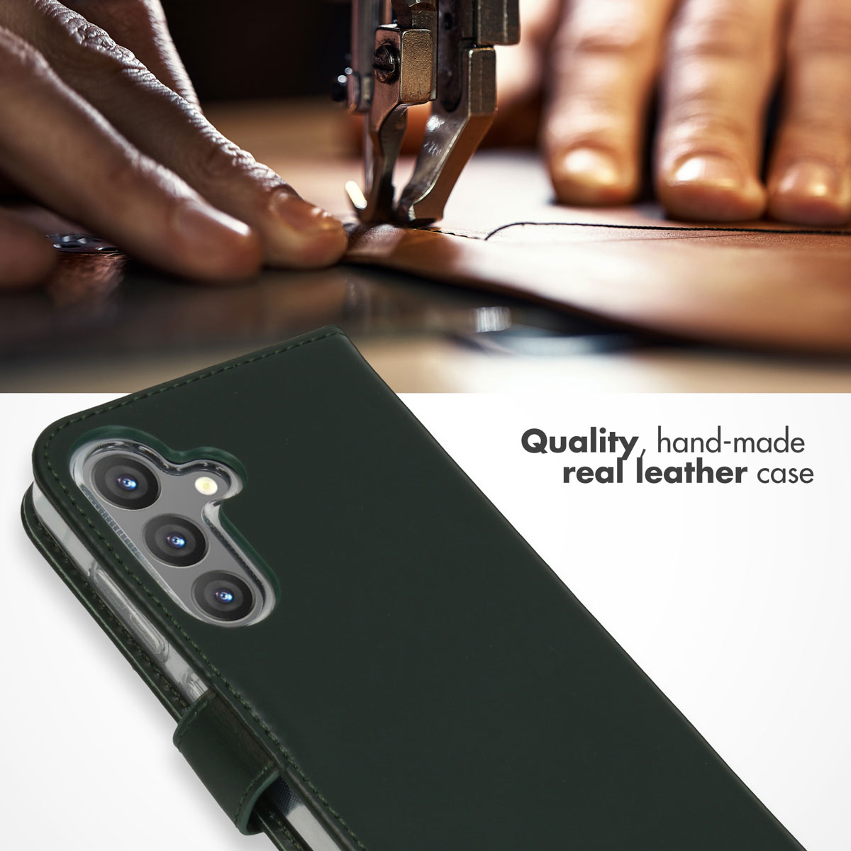 Custodia per telefono in pelle verde scuro in primo piano con mani e macchina da cucire sullo sfondo.