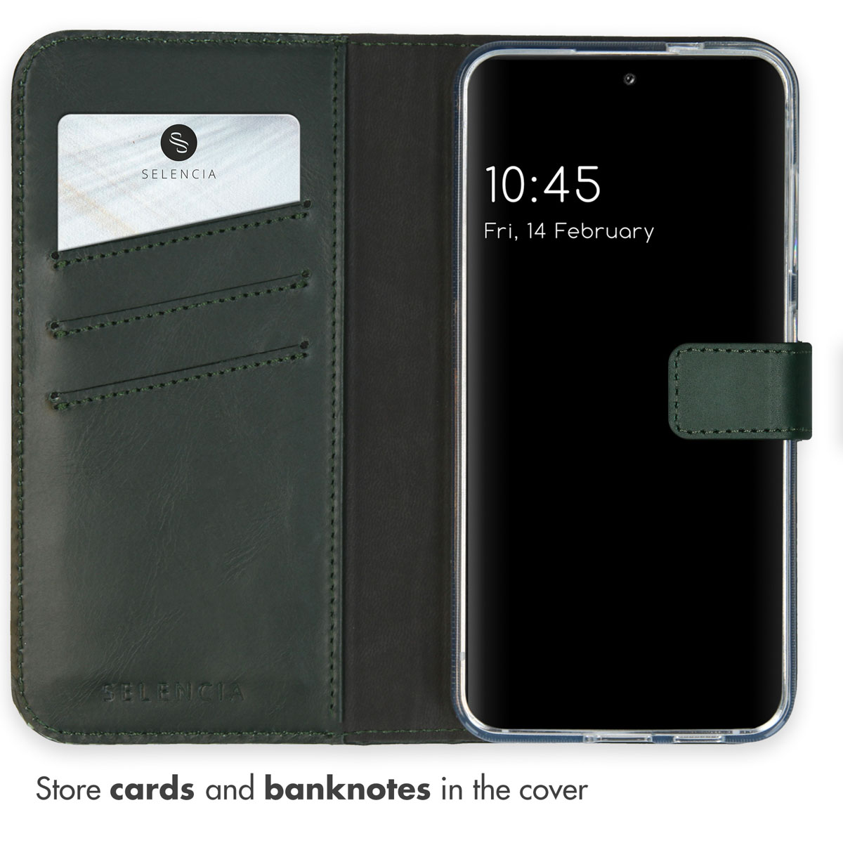 Custodia per telefono in pelle verde con porta carte e smartphone.