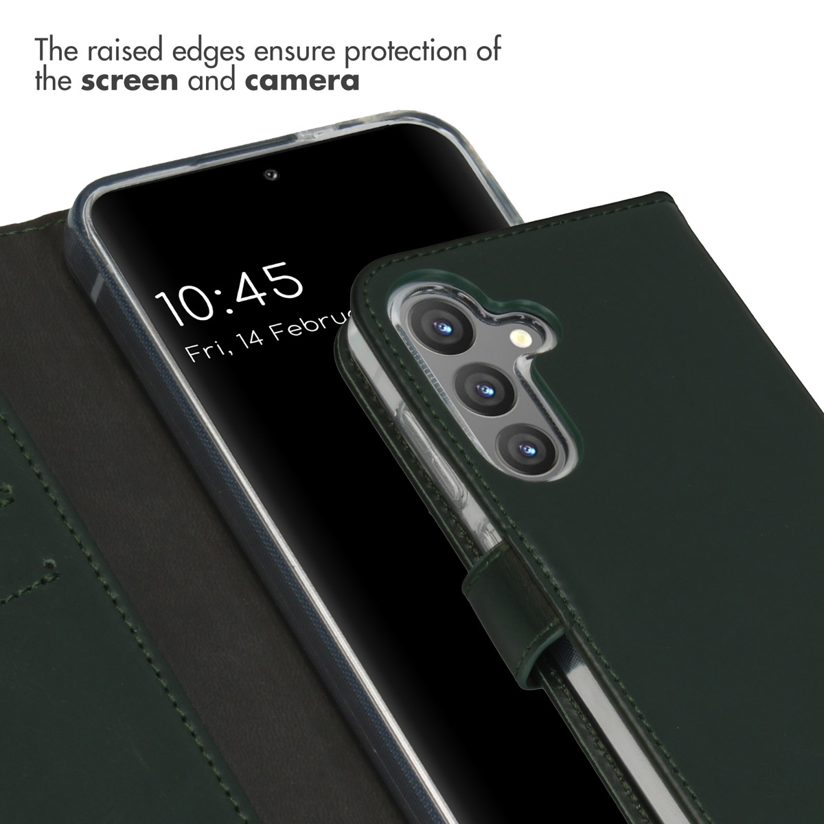 Custodia a libro in pelle verde per smartphone con tripla fotocamera.