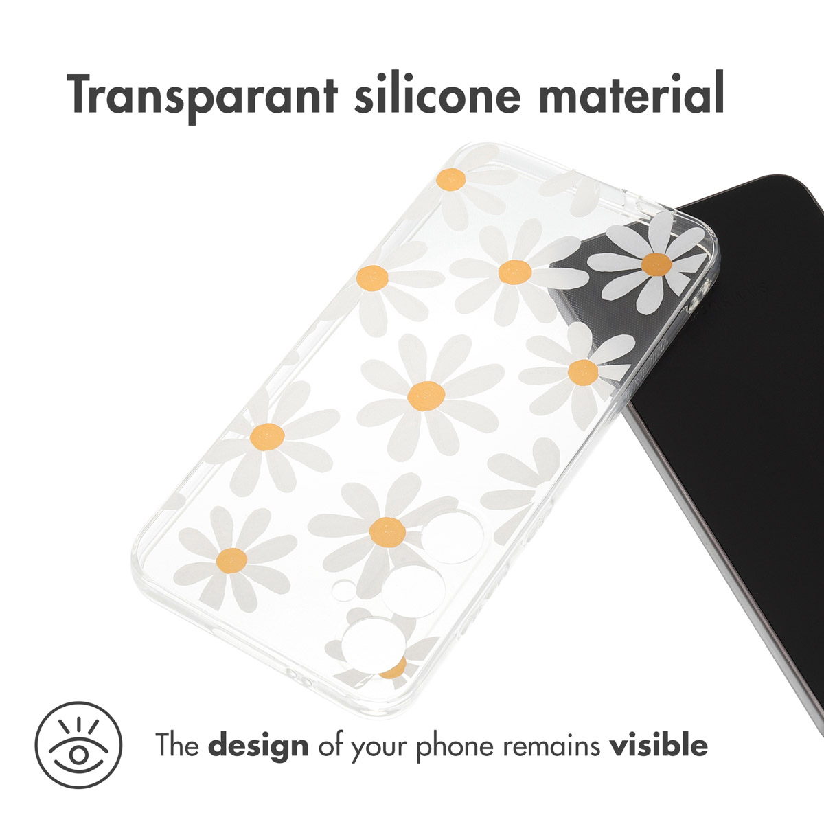 Una funda de silicona transparente con margaritas blancas junto a un teléfono negro sobre fondo blanco.