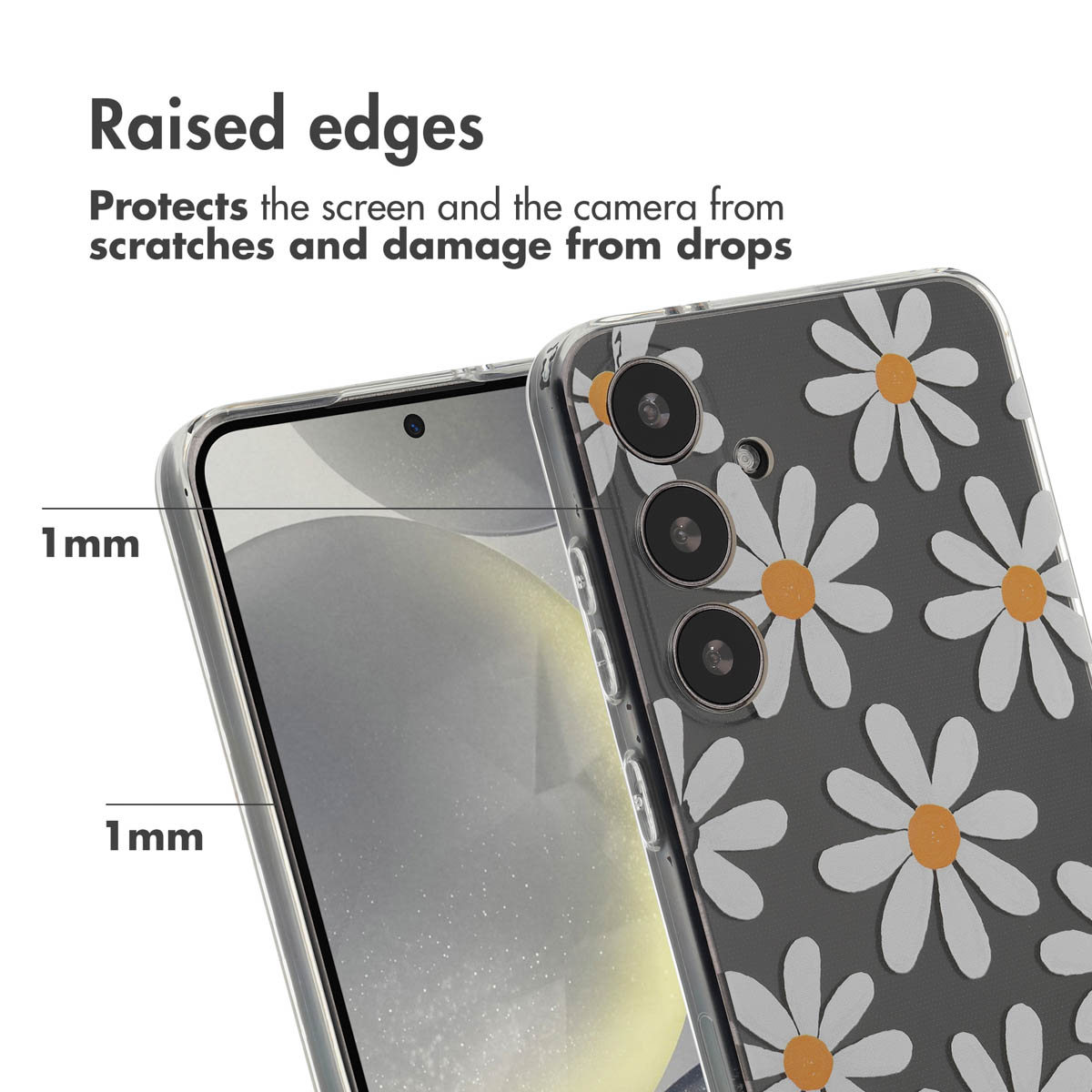 Smartphone en funda con margaritas blancas, mostrando bordes elevados de 1mm para protección.