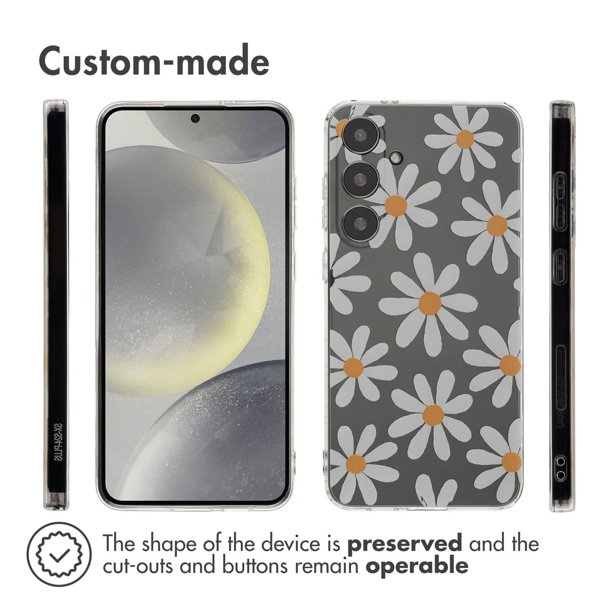 Cuatro vistas de un smartphone con funda de margaritas grises, mostrando frente, reverso y laterales con botones.