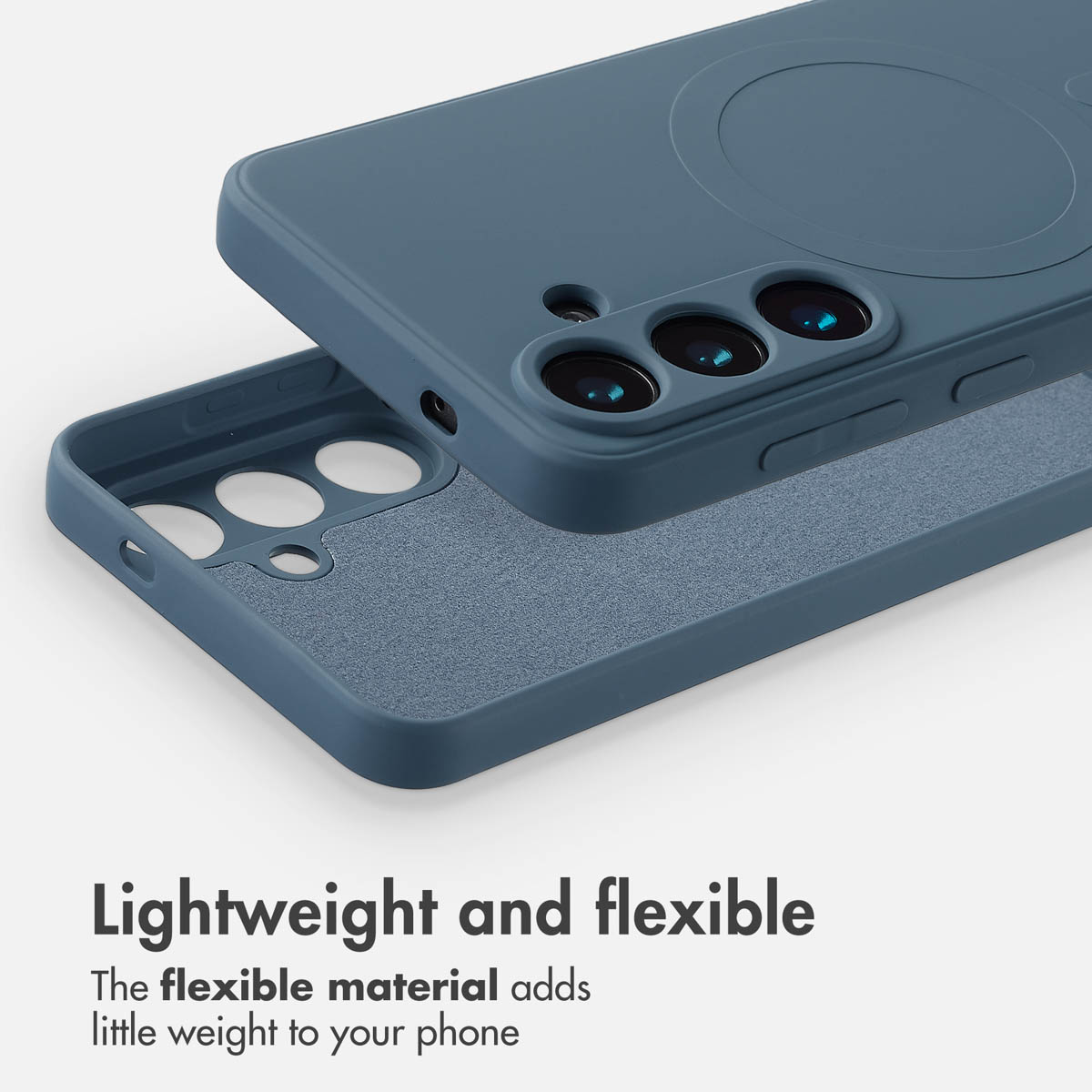Eine blaue Silikon-Handyhülle auf weißem Hintergrund mit dem Text 'Lightweight and flexible'.