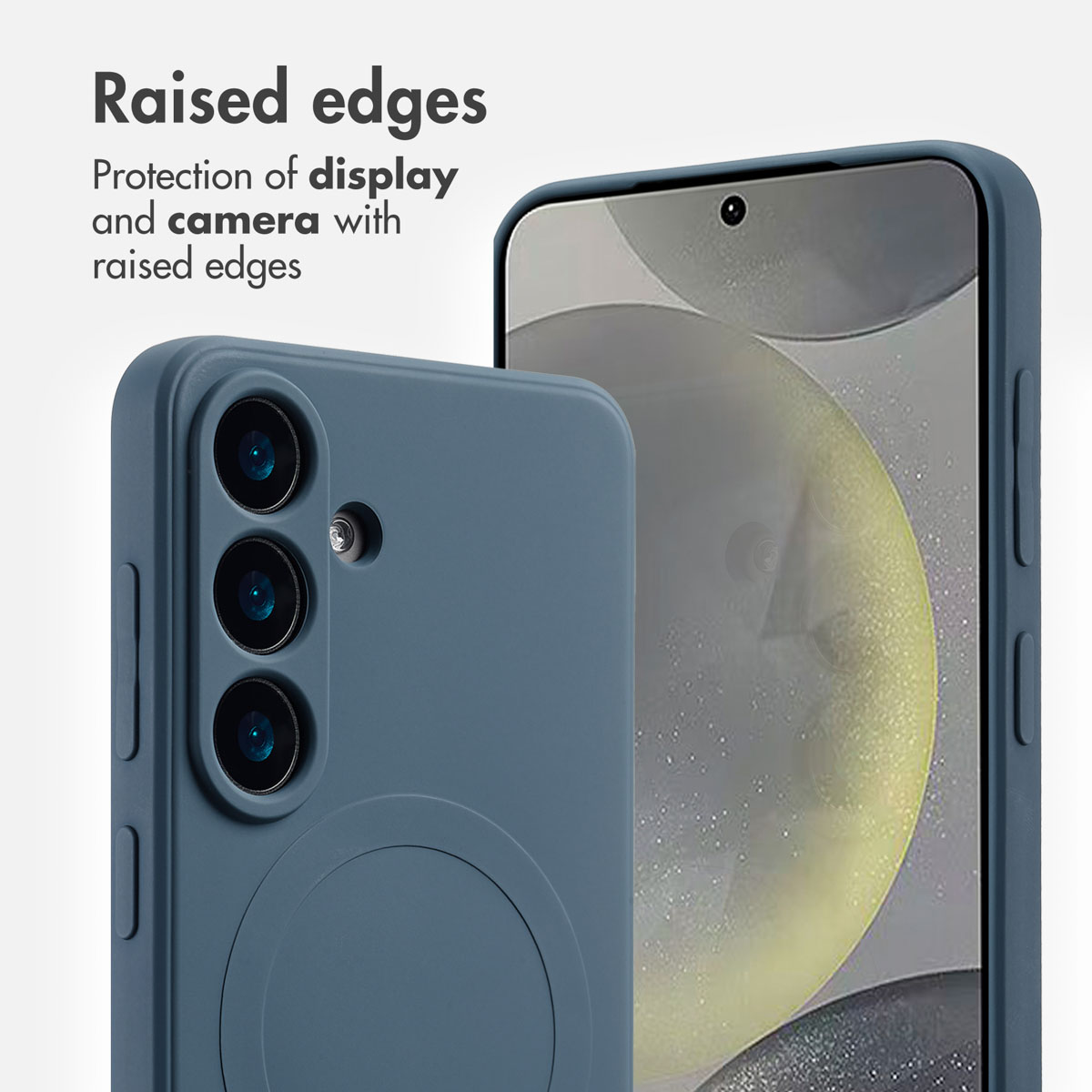 Ein bläuliches Smartphone in einer Hülle zeigt erhöhte Kanten für Display- und Kameraschutz.