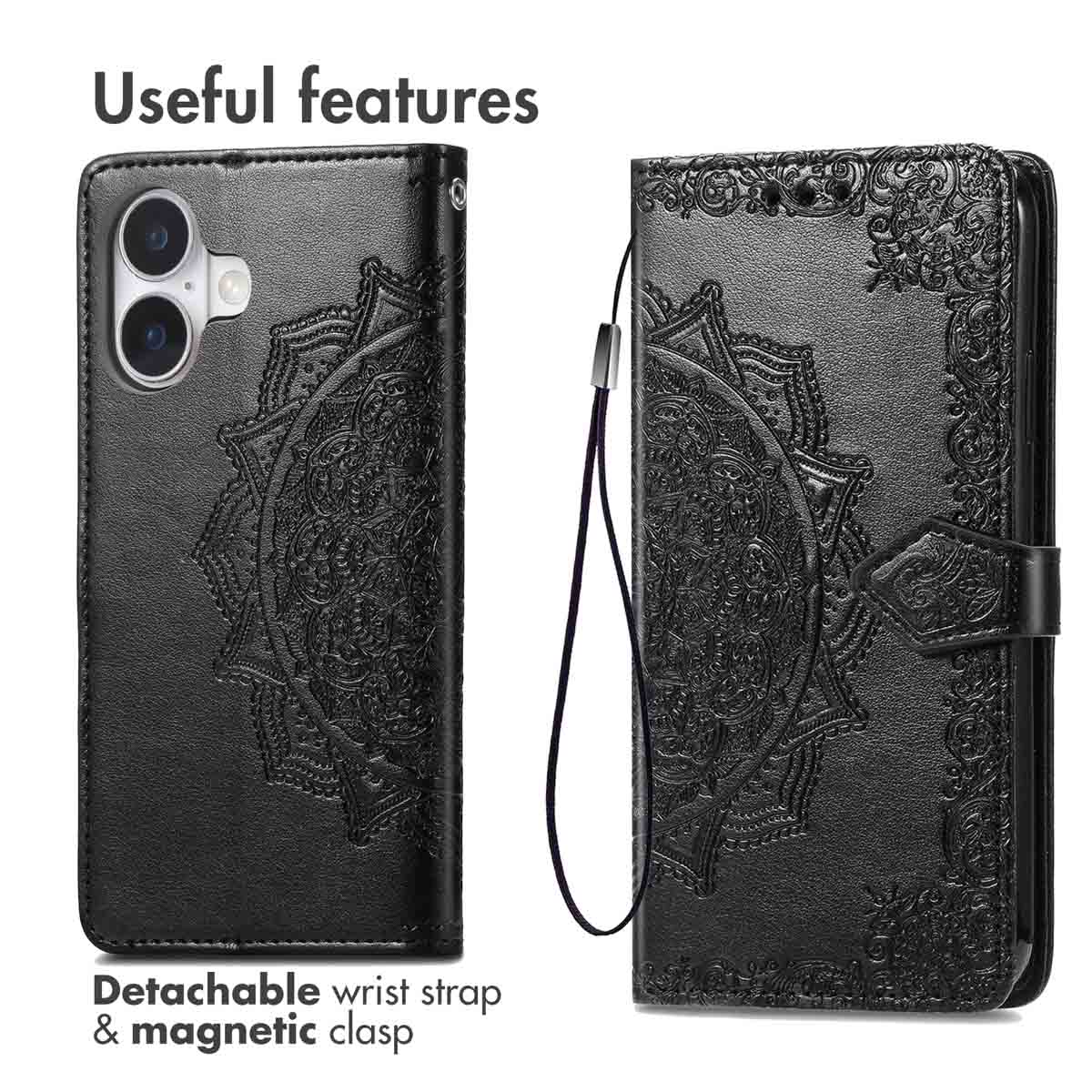 Funda de cuero negro con grabado de mandala, cierre magnético y correa.
