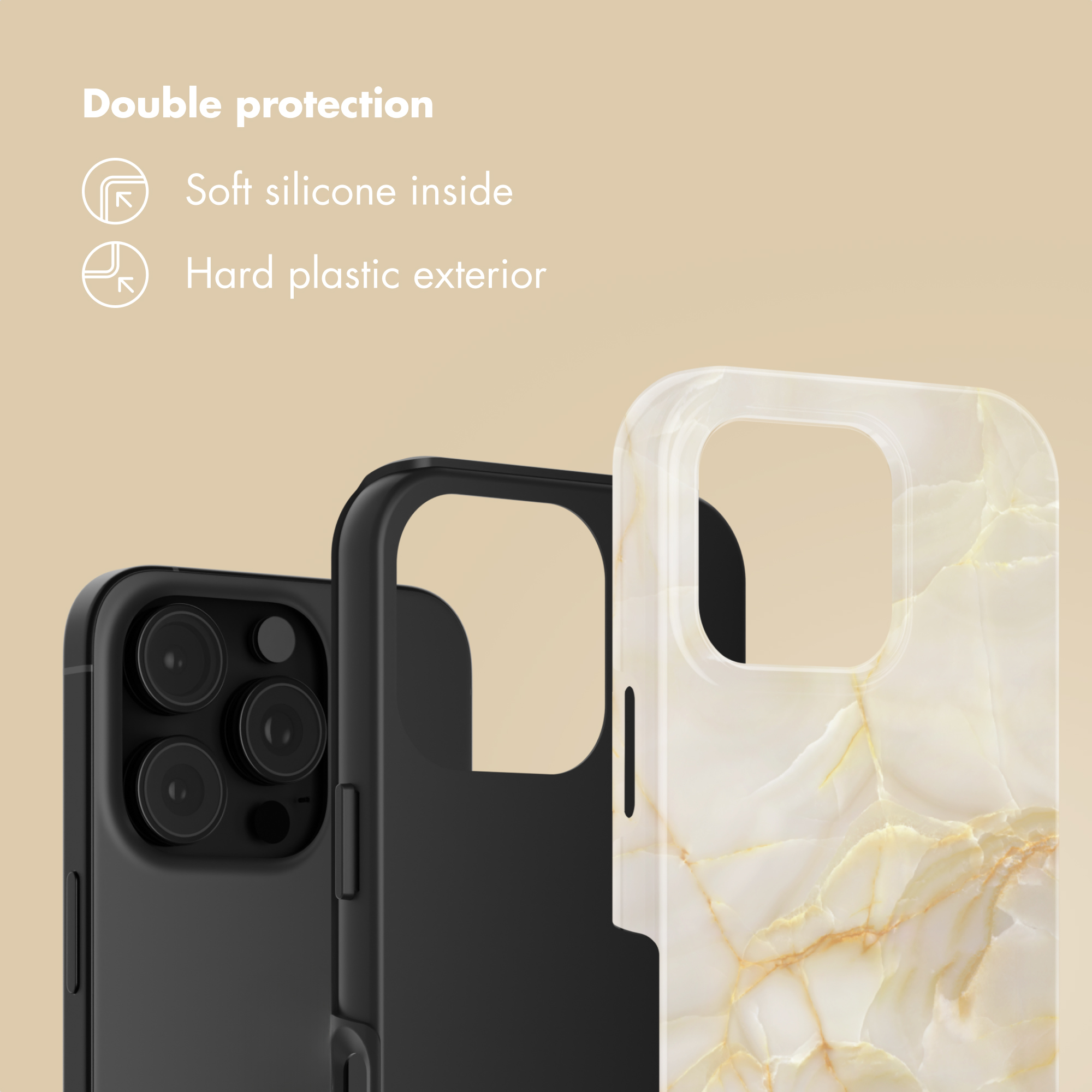 Pubblicità di una custodia per telefono con silicone morbido interno e plastica dura esterna.