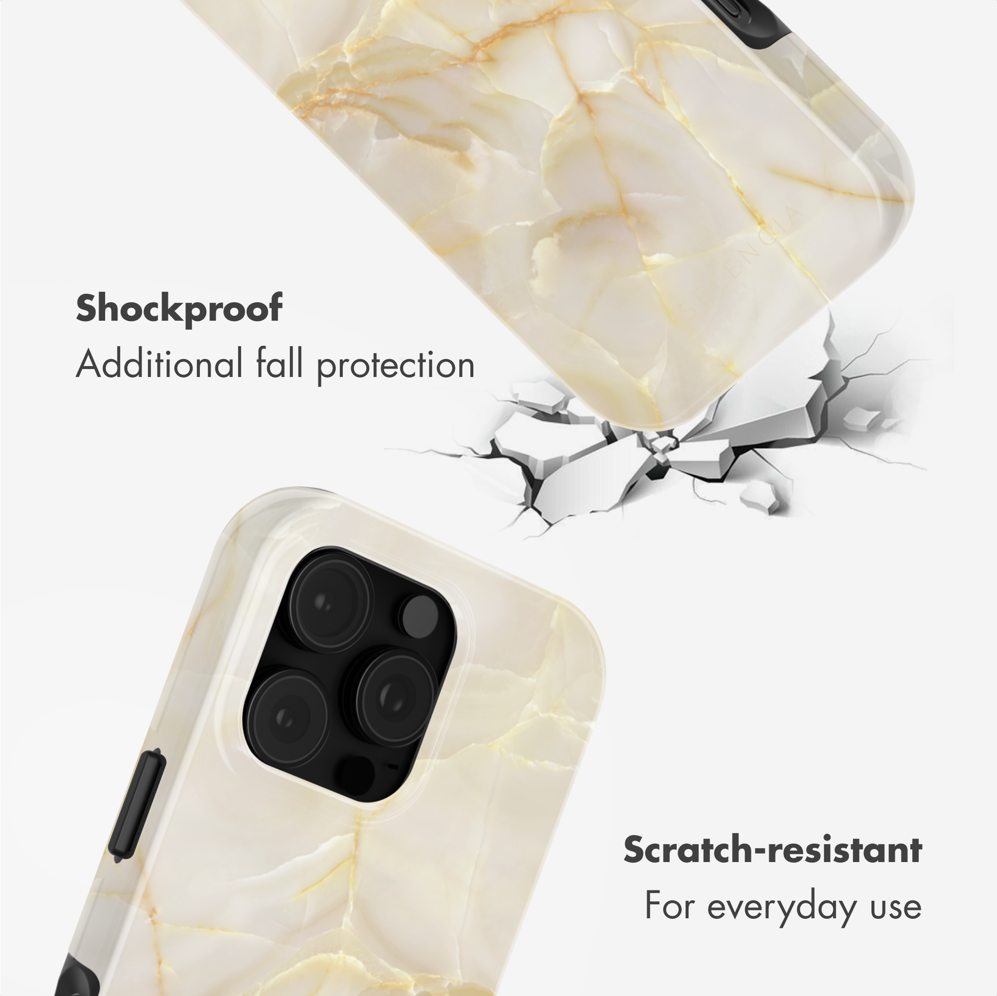 Immagine promozionale di una custodia per telefono effetto marmo, antiurto e antigraffio.