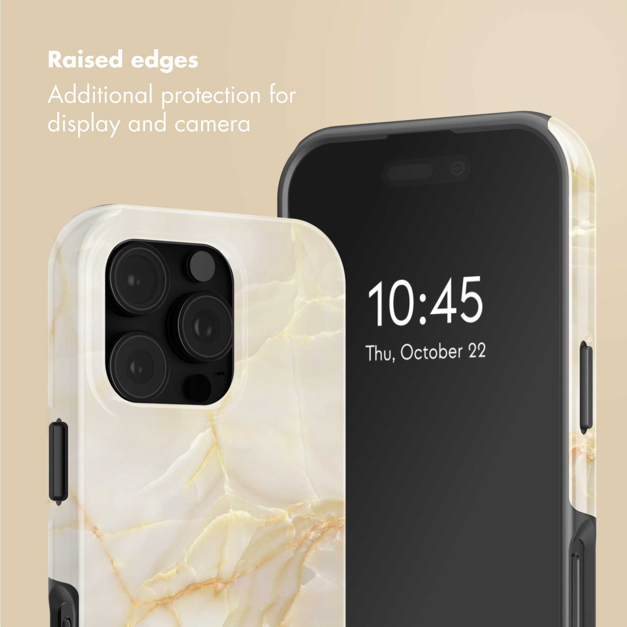 Due smartphone con custodia in marmo bianco e oro e bordi rialzati su sfondo beige.