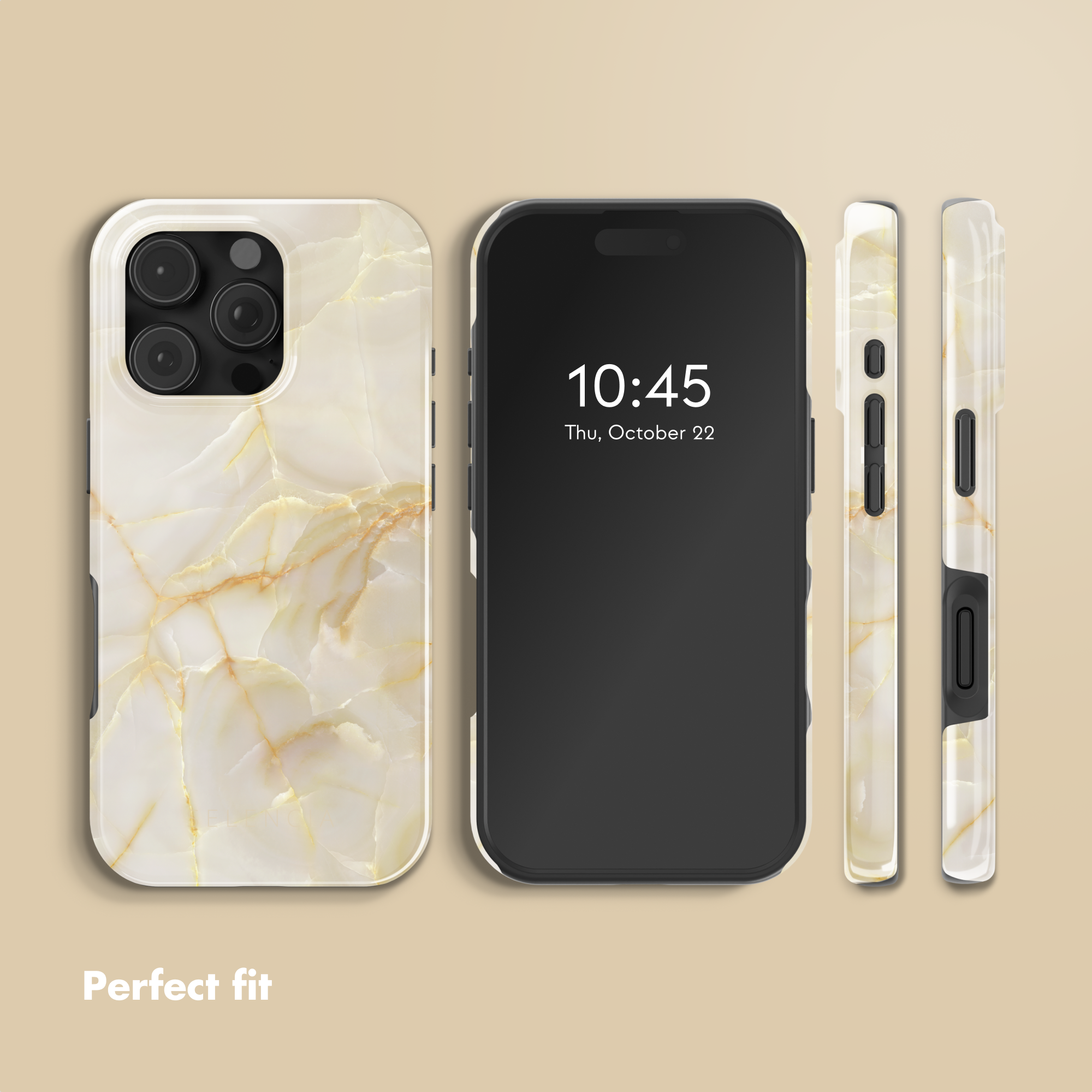 Quattro viste di uno smartphone con cover in marmo bianco e oro su sfondo beige.