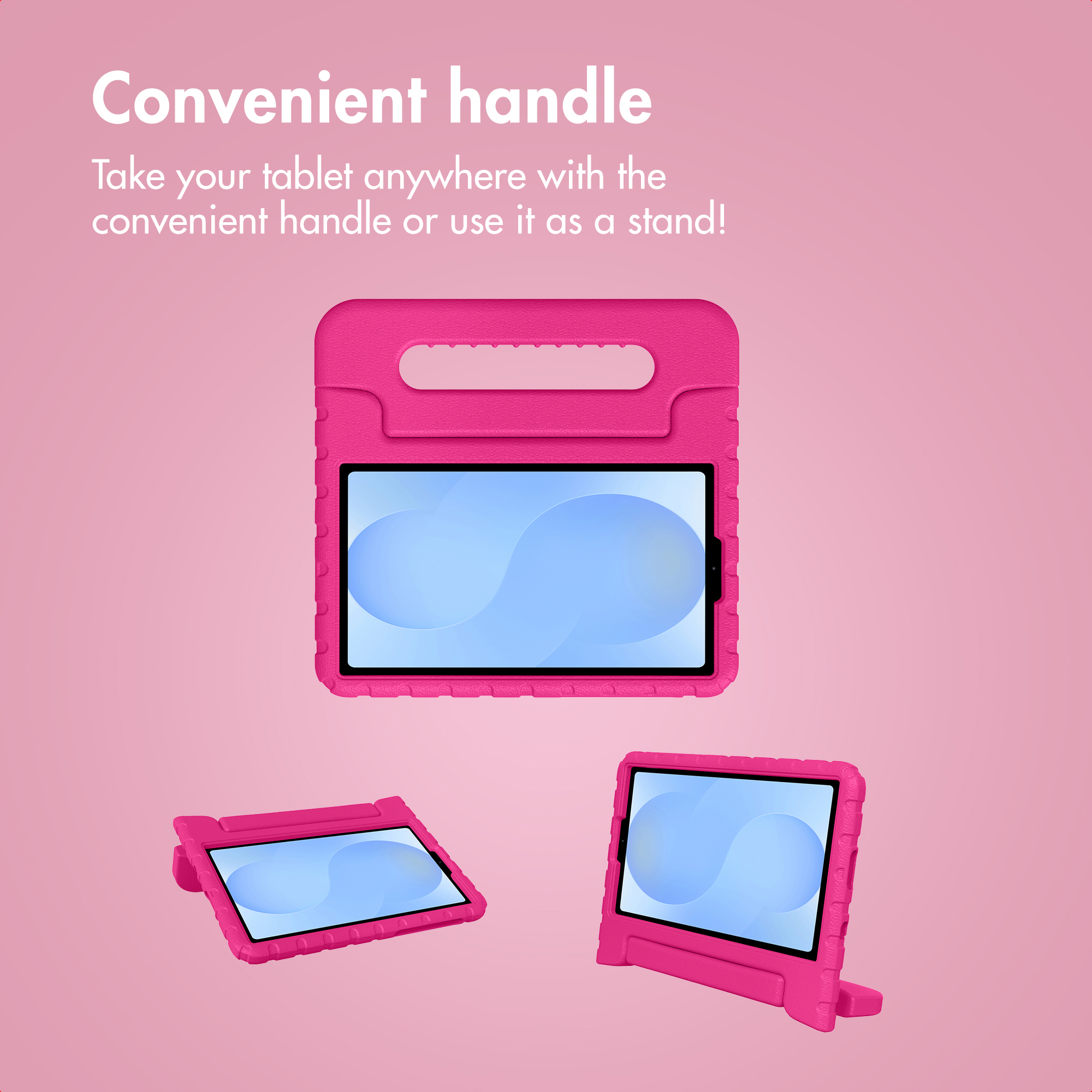 Un étui de tablette rose avec une poignée sur fond rose.