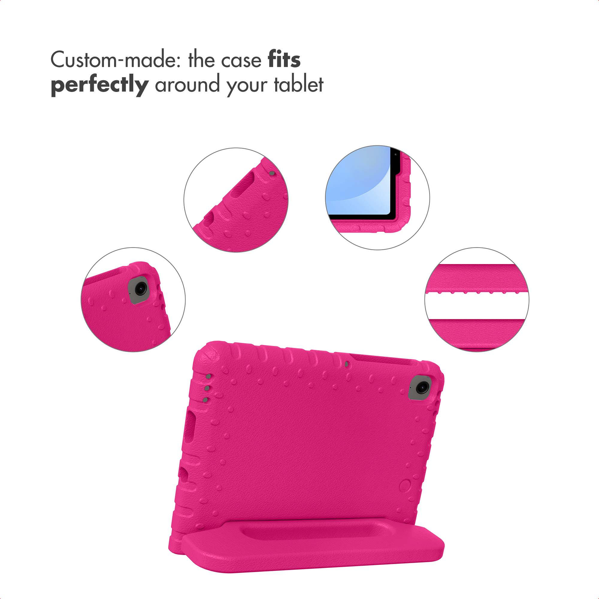Une coque de protection rose pour tablette avec des gros plans circulaires.