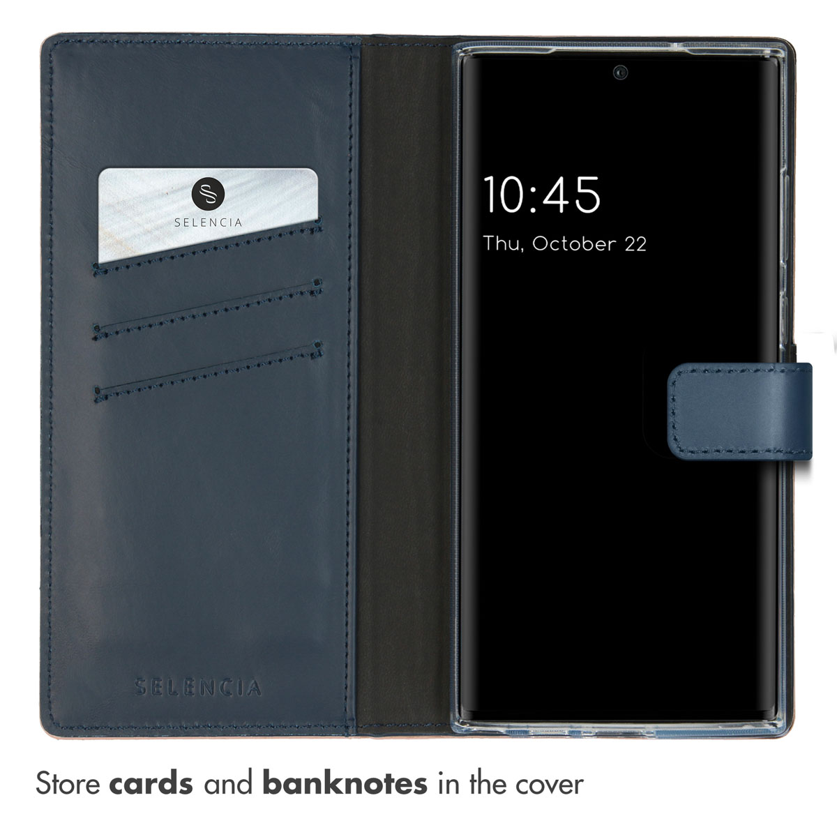 Étui de téléphone en cuir bleu foncé ouvert avec porte-cartes et smartphone affichant 10:45.