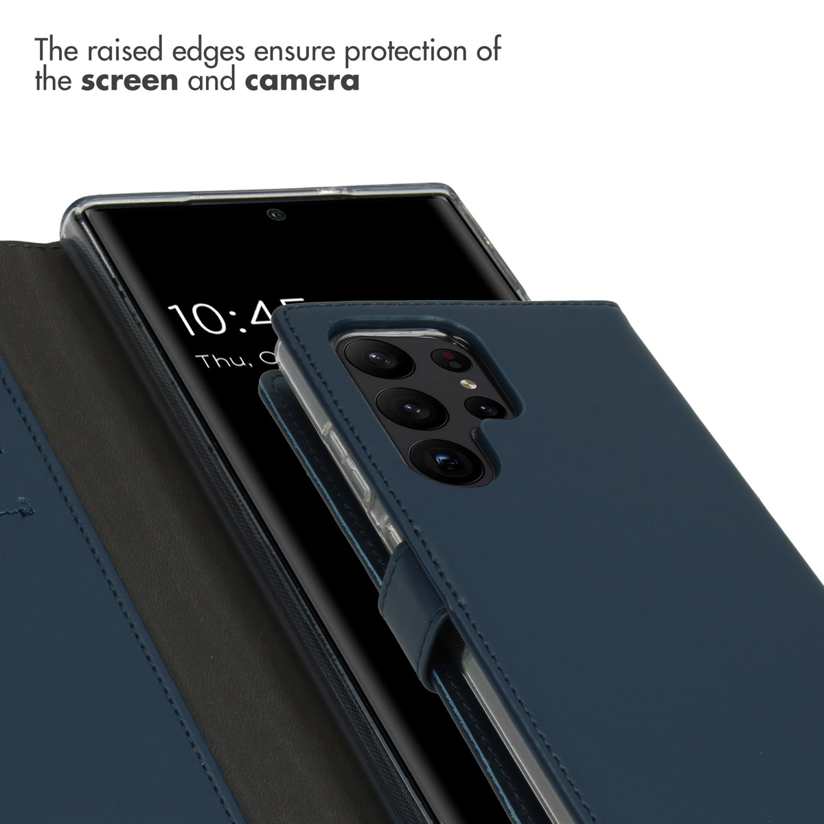 Un étui de téléphone en cuir bleu avec des bords surélevés protégeant l'écran et l'appareil photo.