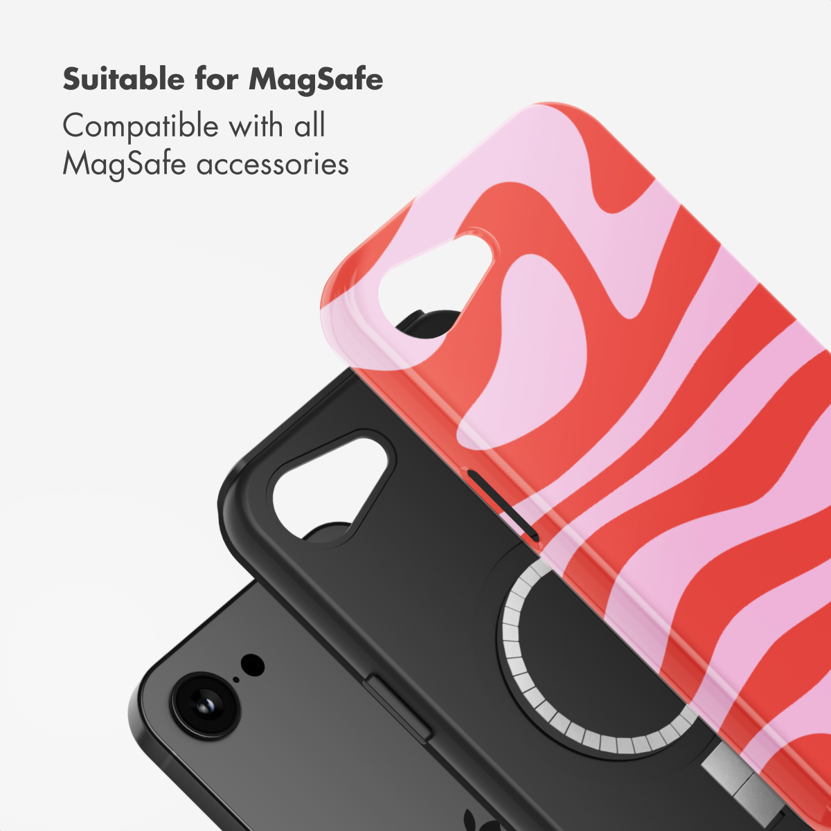 Custodia compatibile MagSafe con motivo ondulato rosso e rosa su cover nera con anello.