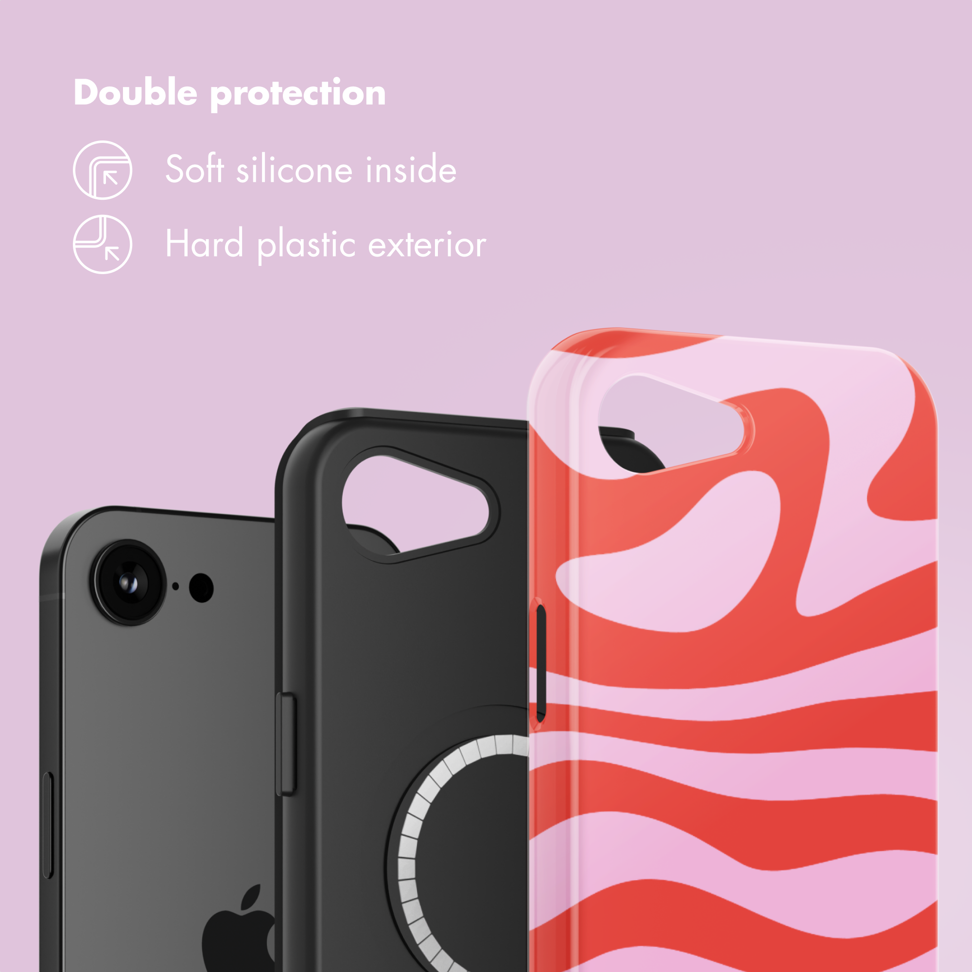 Custodia per telefono con interno in morbido silicone ed esterno in plastica rigida.