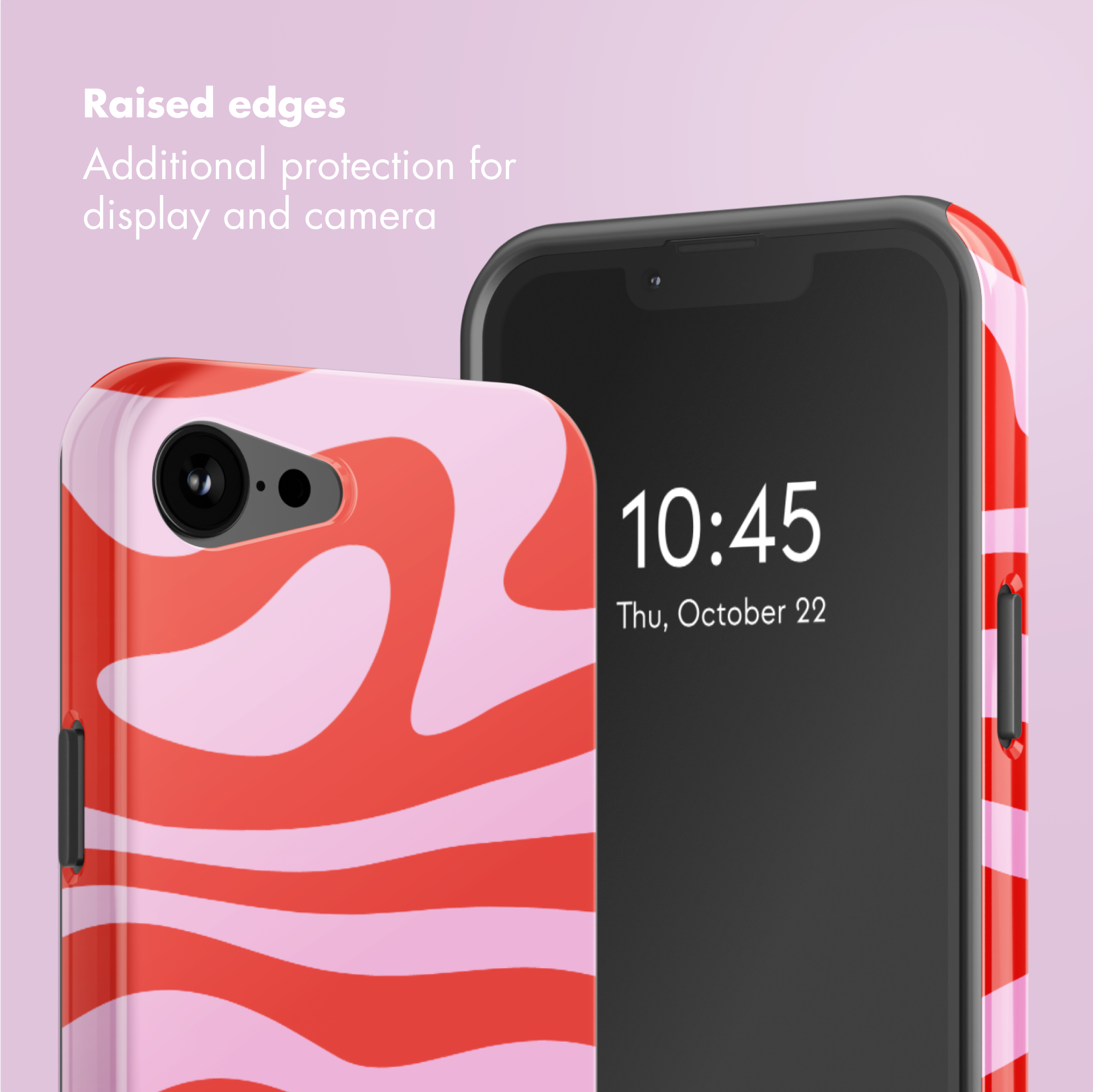 Due telefoni con custodie a righe rosa e rosse mostrano schermi e fotocamera su sfondo rosa.