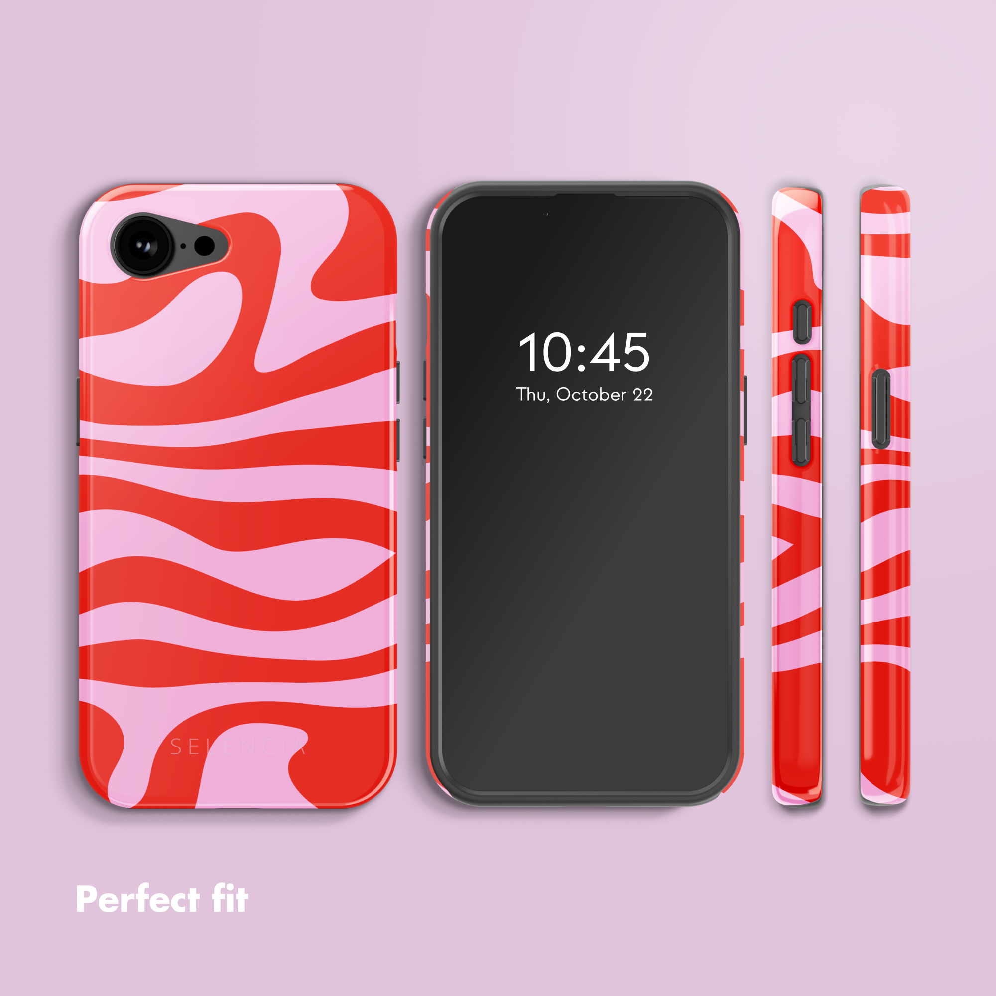 Custodia per telefono con motivo ondulato rosso e rosa mostrata da più angolazioni su sfondo viola.