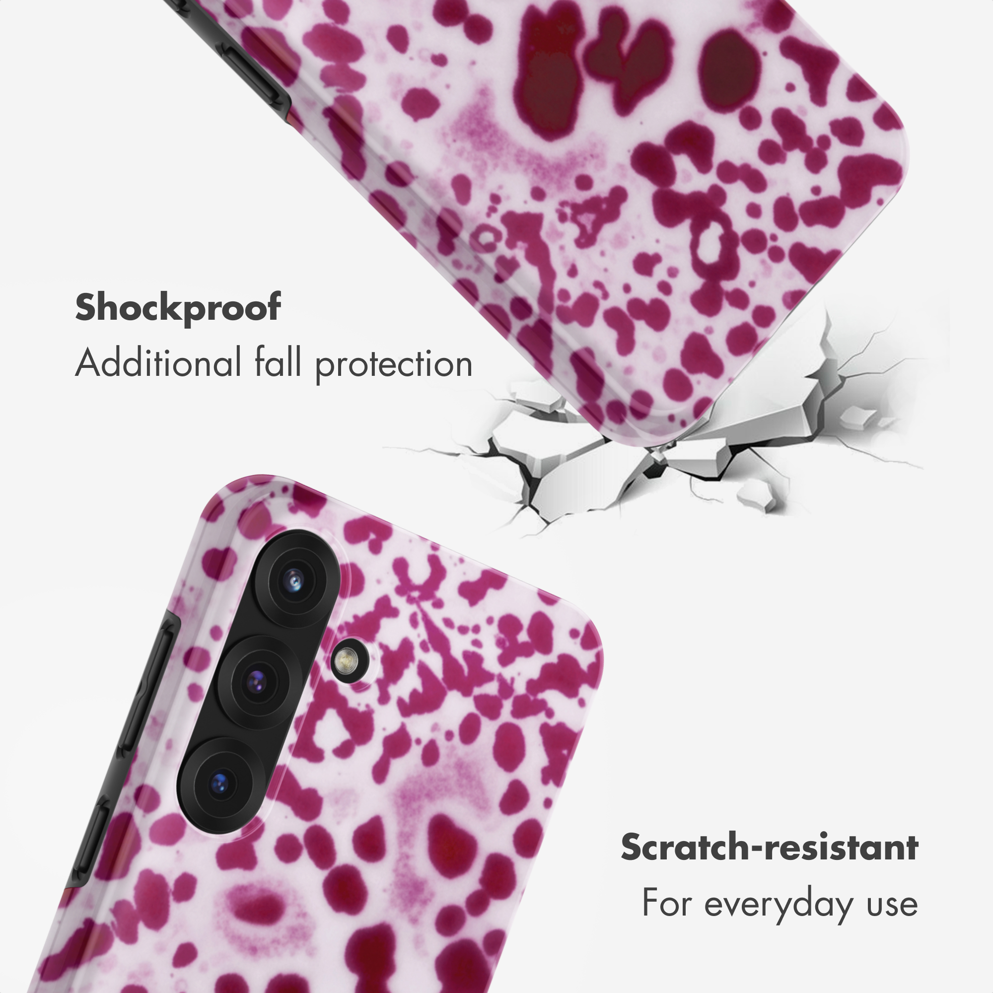 Funda de móvil con estampado animal rosa sobre fondo agrietado y texto.