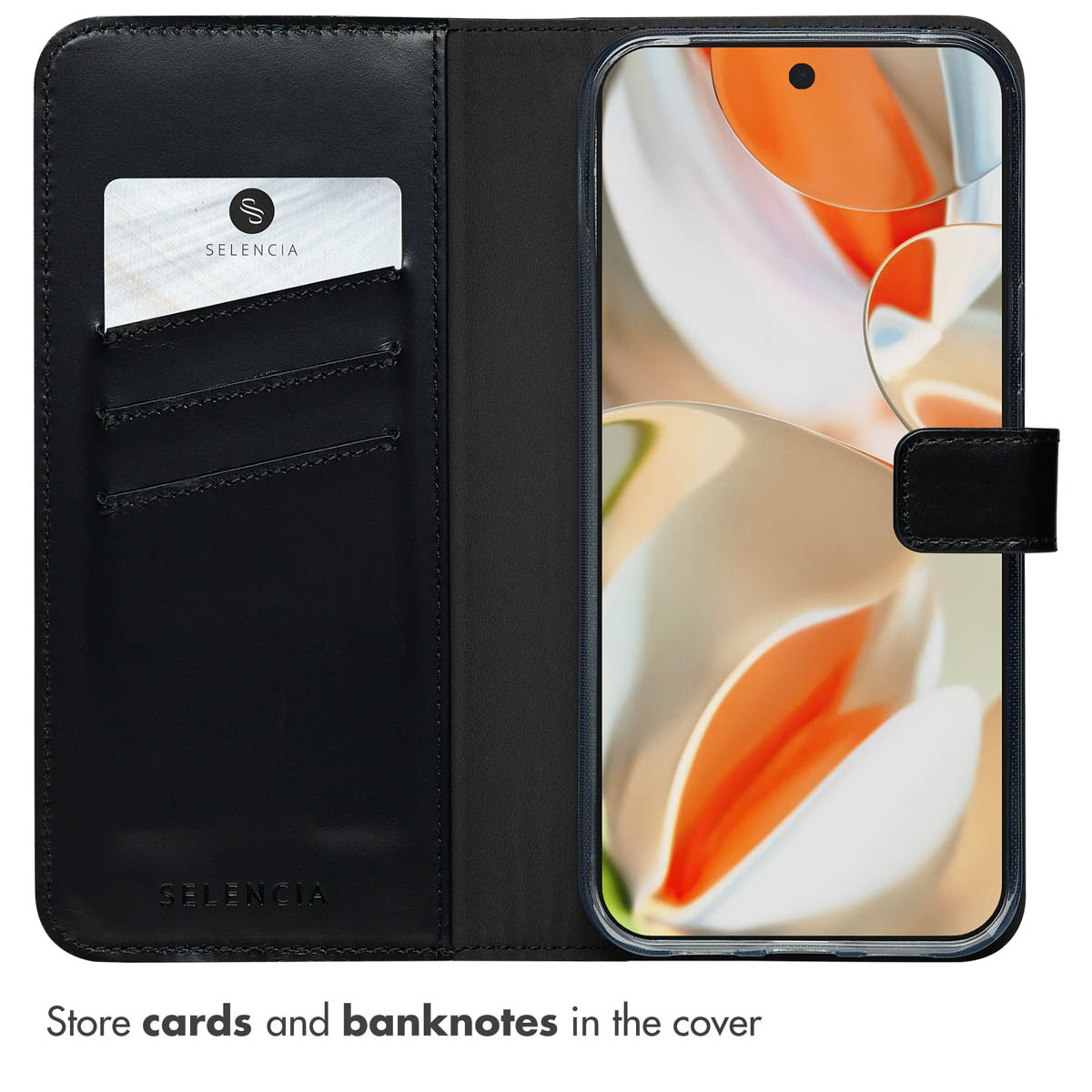 Custodia per smartphone in pelle nera con porta carte e sfondo astratto arancione e bianco.