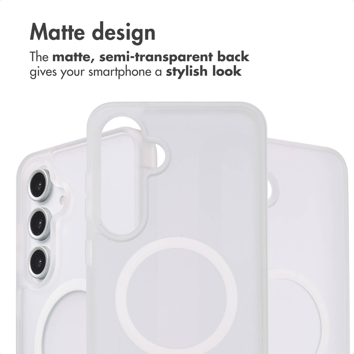 Eine matte, halbdurchsichtige Smartphone-Hülle mit einem kreisförmigen Magnetring auf der Rückseite.