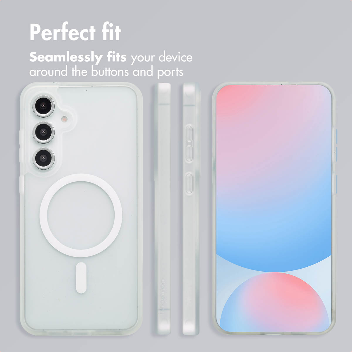 Transparente Handyhülle mit MagSafe-Ring von hinten, der Seite und vorne auf einem Smartphone mit Farbverlauf.