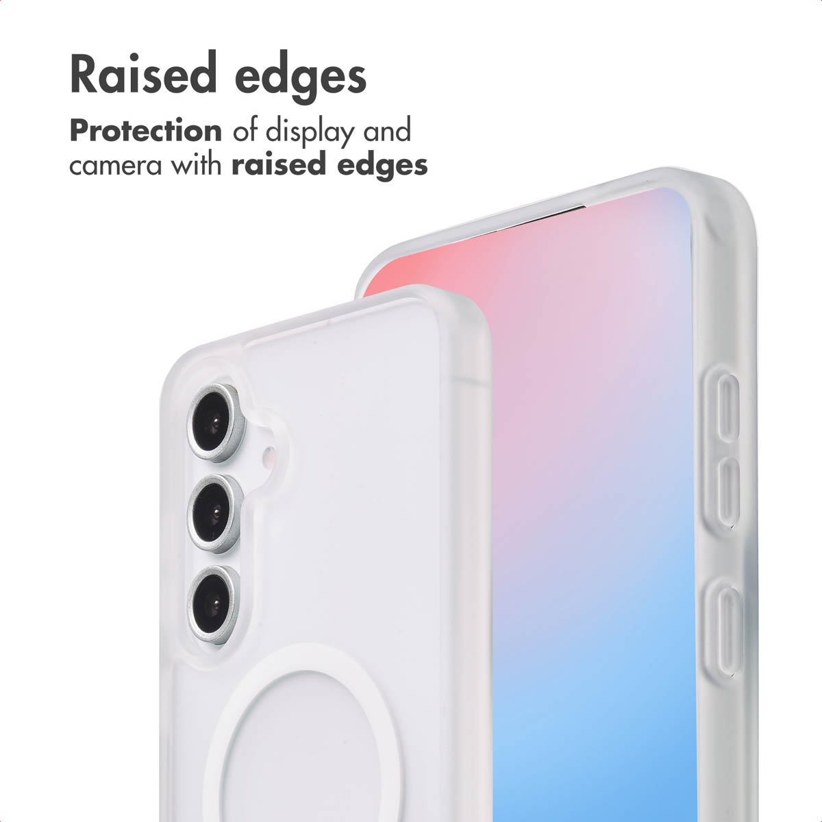 Smartphone in einer Schutzhülle mit erhöhten Kanten für Display und Kamera.