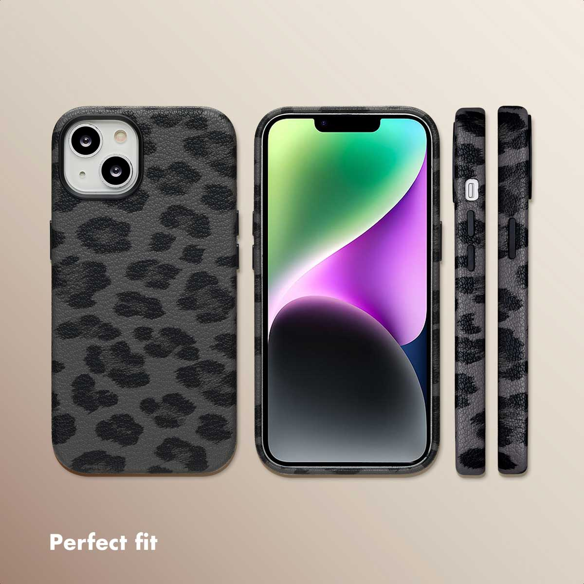 Smartphone con funda de leopardo gris y negro sobre fondo claro.