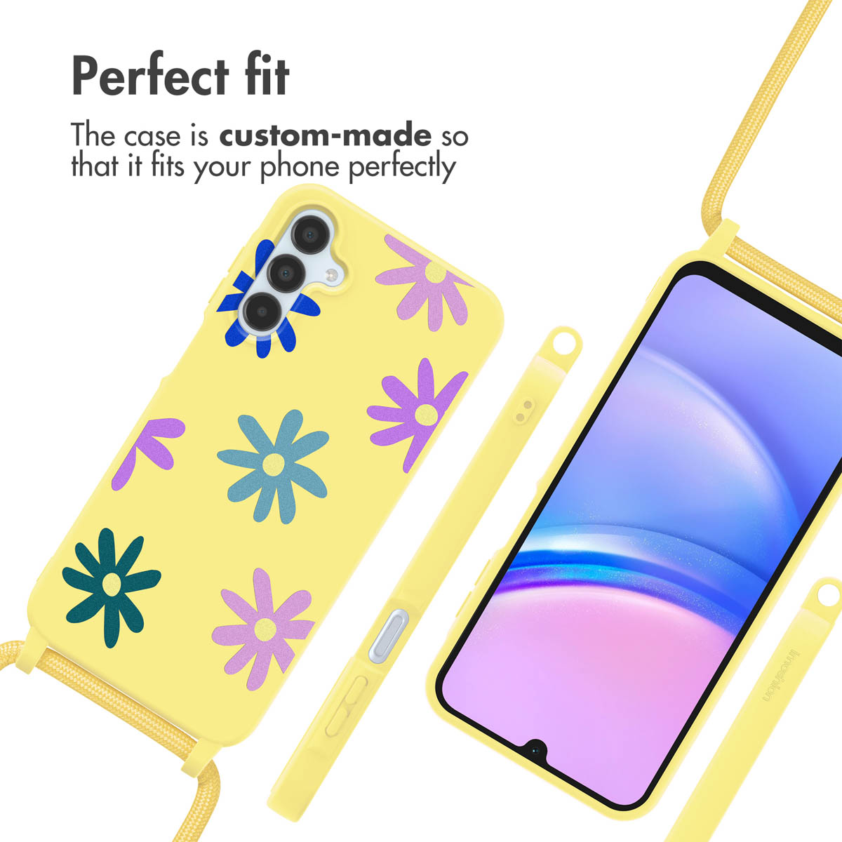Custodia gialla con fiori colorati, laccetto e smartphone con schermo a colori.