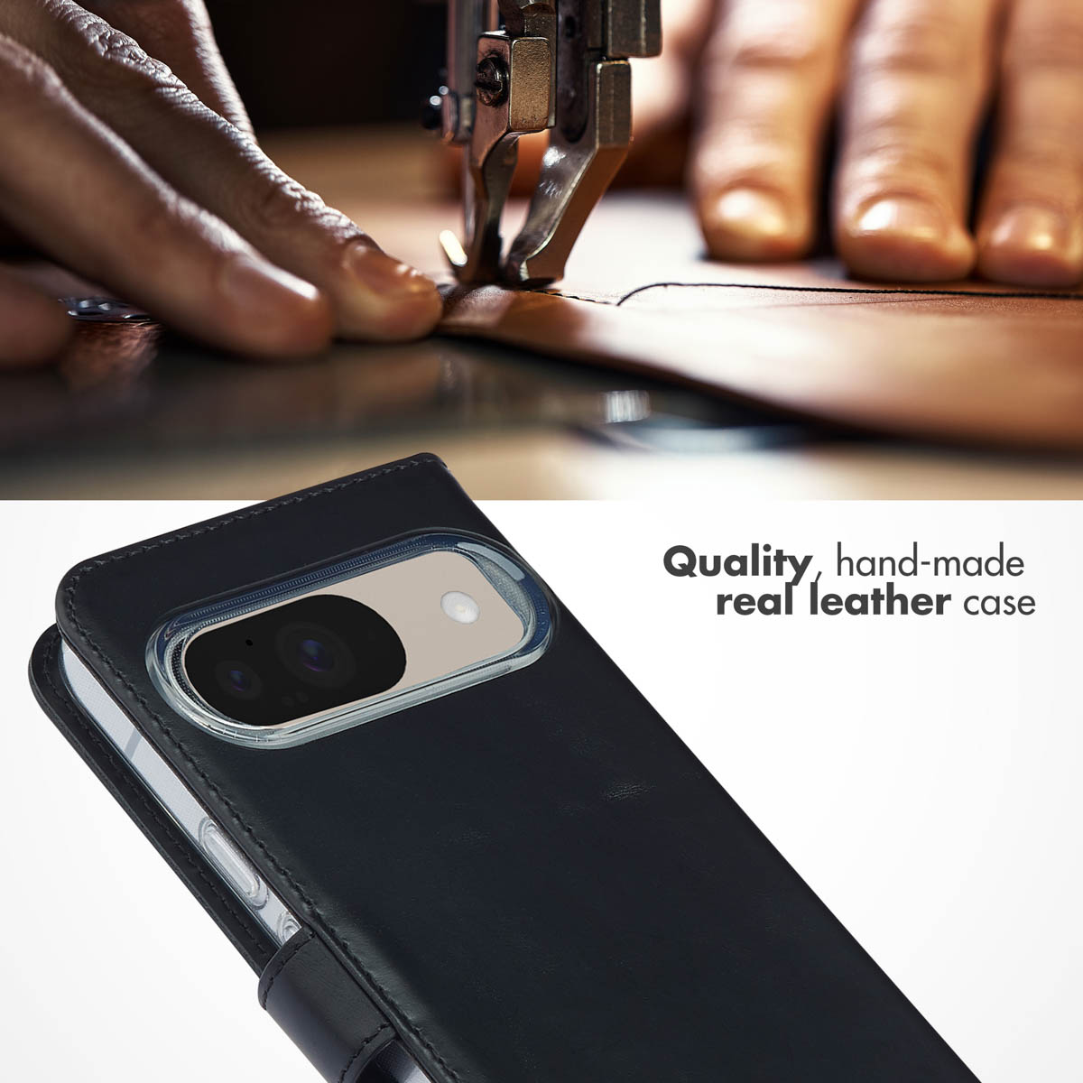 Custodia per smartphone in pelle nera, sotto una persona cuce la pelle a mano.