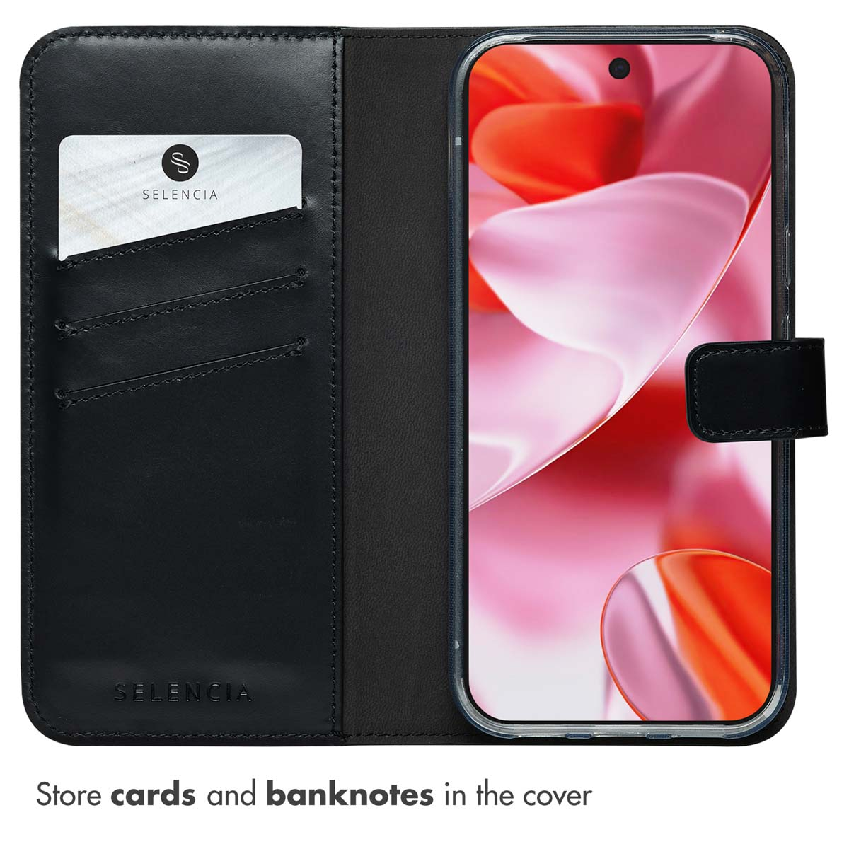 Una custodia a portafoglio in pelle nera per smartphone con tasche per carte e telefono con sfondo rosa.