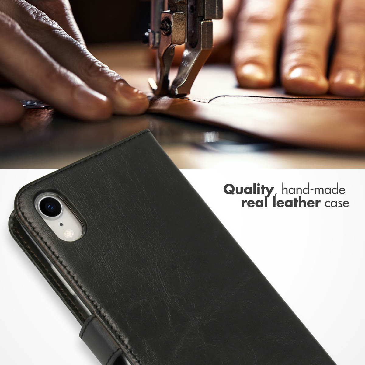 Une machine à coudre du cuir marron, avec un étui de téléphone en cuir noir en bas et le texte 'Quality, hand-made real leather case'.