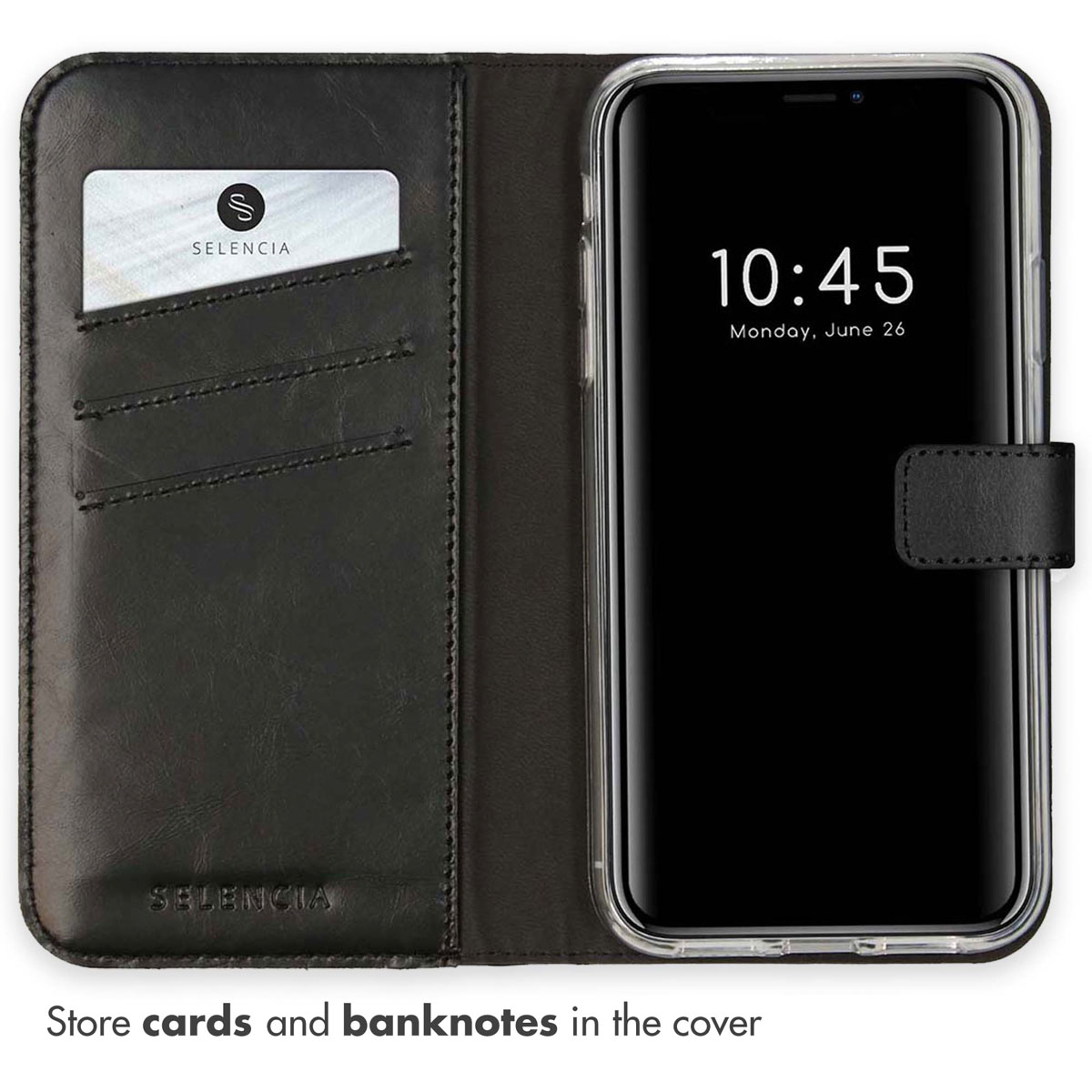 Étui de téléphone en cuir noir avec fente pour carte et smartphone.