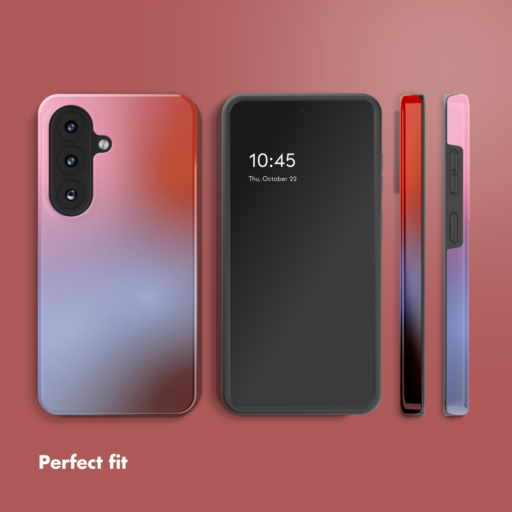 Diverse viste di uno smartphone con cover protettiva sfumata rosso-blu su sfondo rosso.