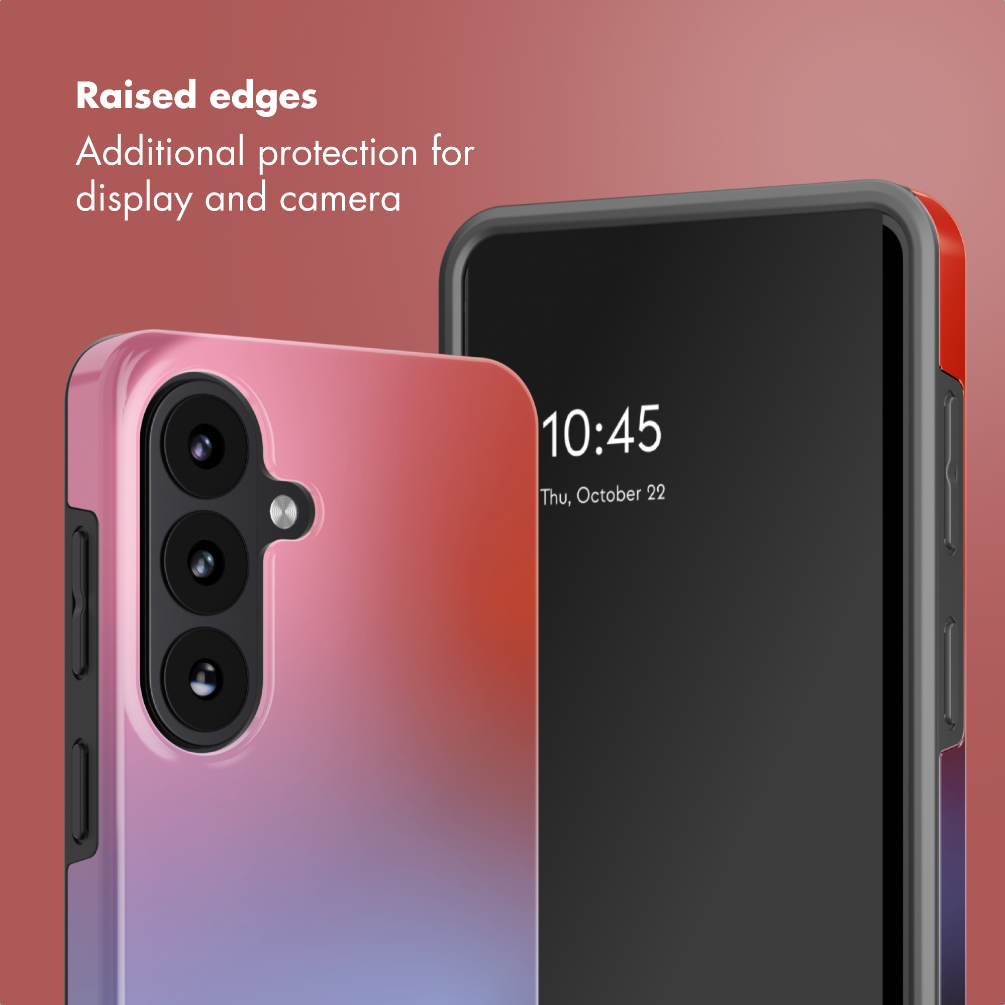 Due smartphone con cover colorate su sfondo rosso con testo sui bordi rialzati.