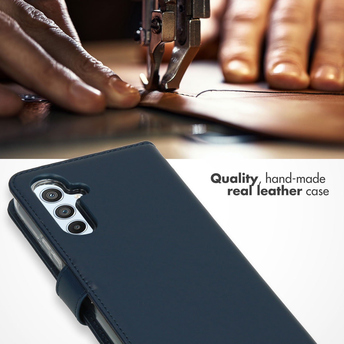 Étui de téléphone en cuir véritable fait main avec coutures visibles, le texte indique étui de qualité.