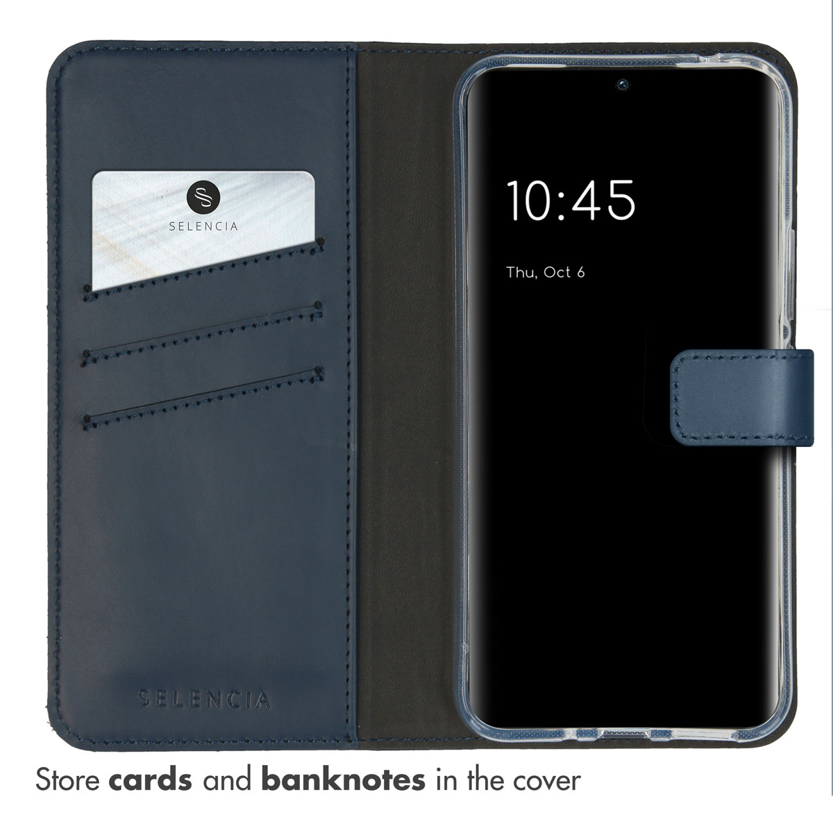 Un étui de téléphone bleu foncé ouvert montre des fentes pour cartes à gauche et un téléphone à droite.