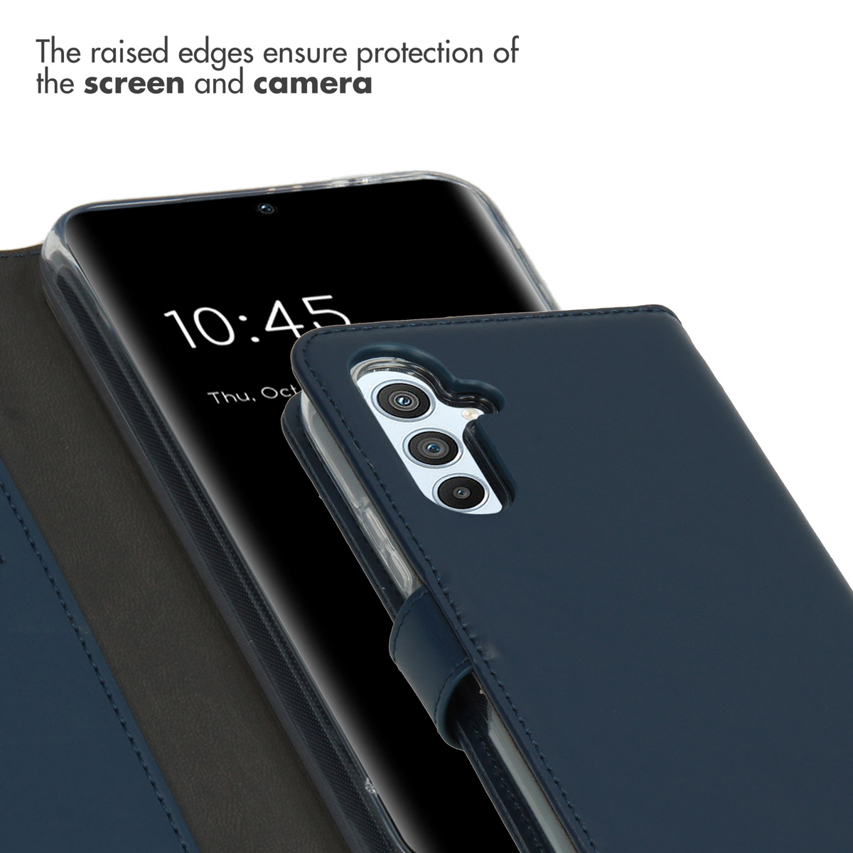 Étui de téléphone bleu montrant l'écran et la caméra.