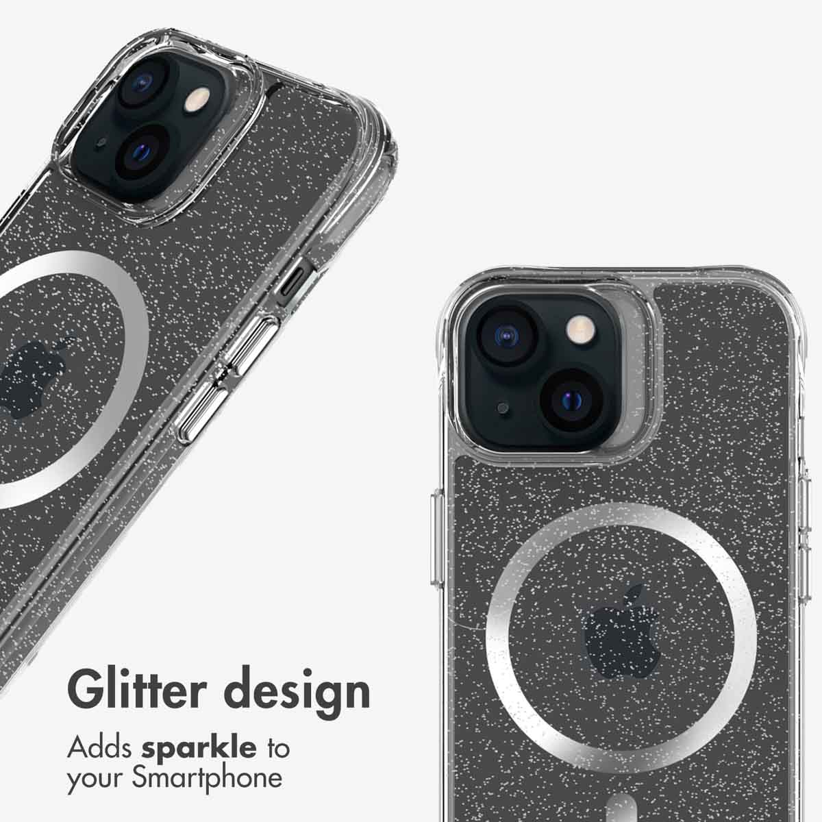 Glitterend smartphonehoesje met MagSafe-ring en camera-uitsparing op een witte achtergrond.