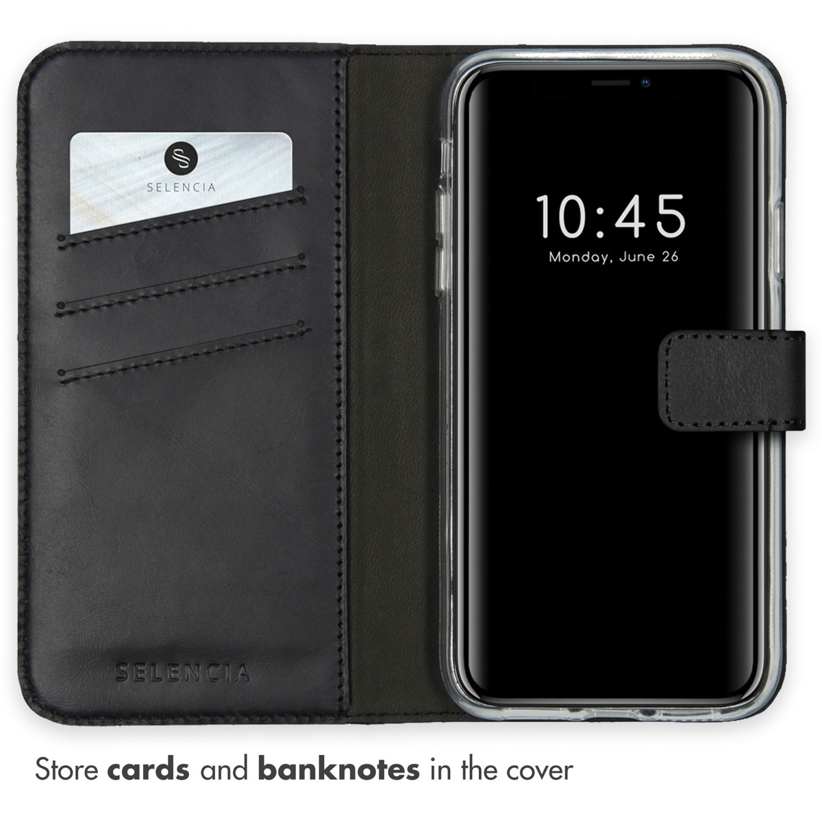 Una custodia a portafoglio in pelle nera con slot per carte mostra uno smartphone con ora digitale.