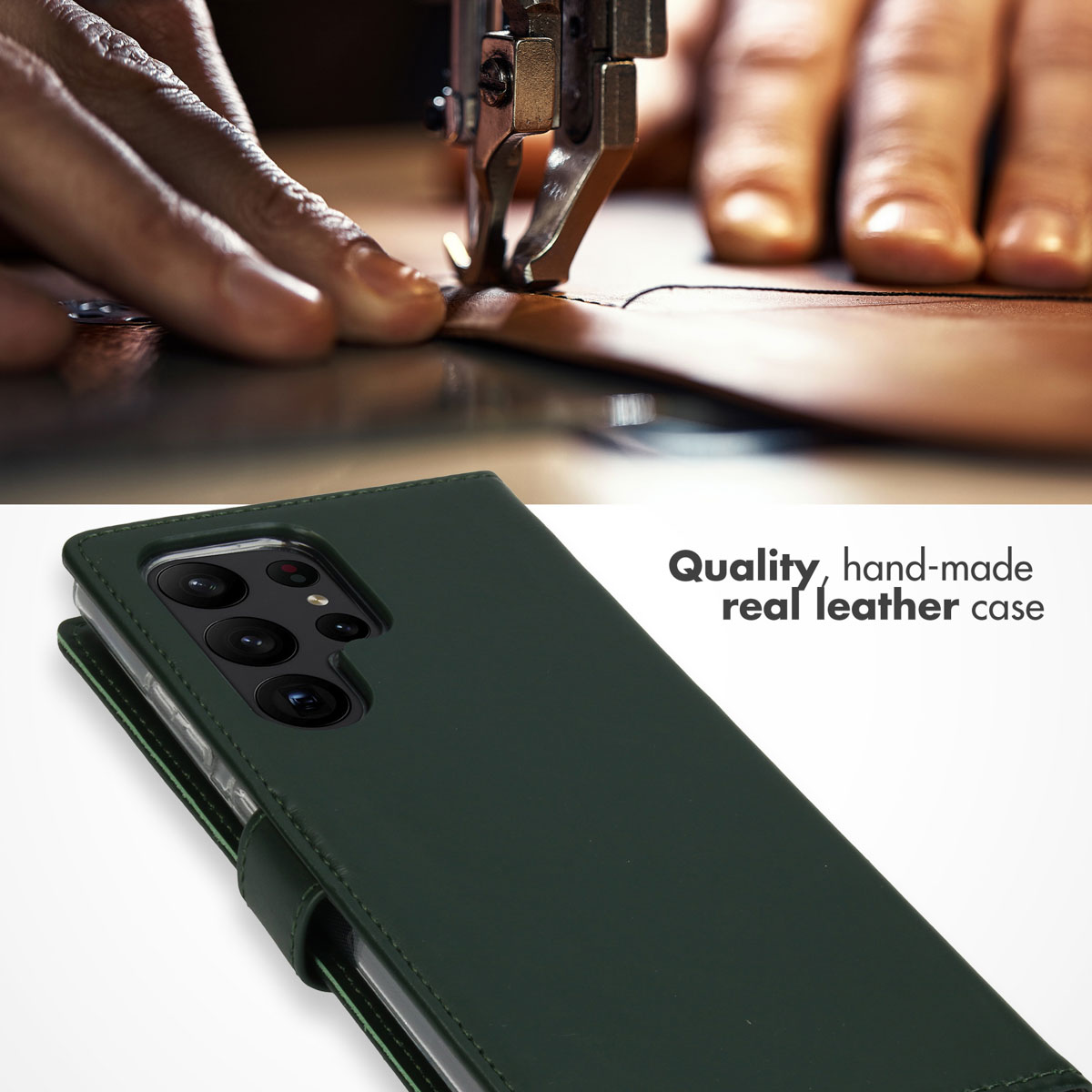Une machine à coudre coud du cuir au-dessus d'un étui de téléphone vert foncé.