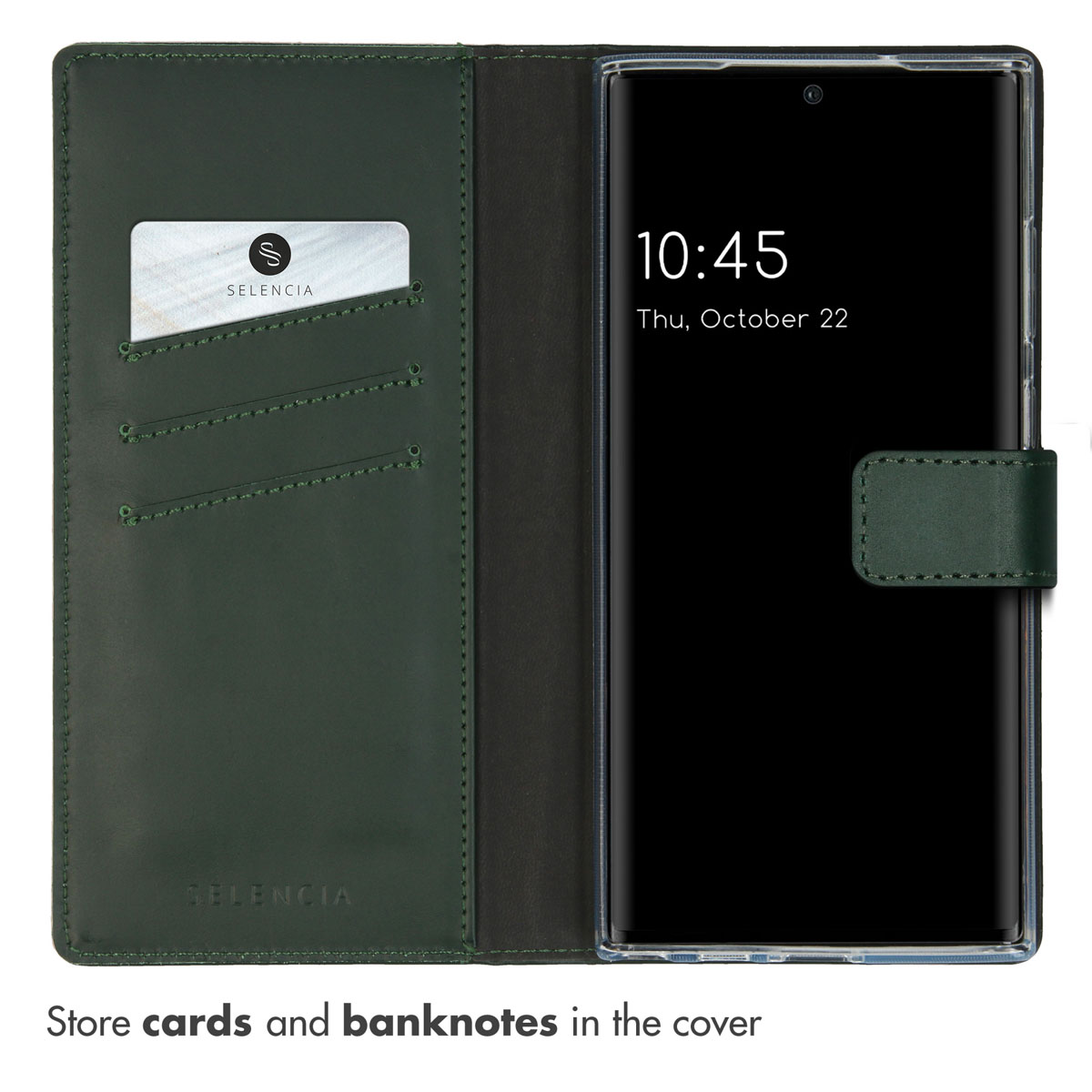 Un étui de téléphone ouvert en cuir vert avec fente pour carte et smartphone à droite.