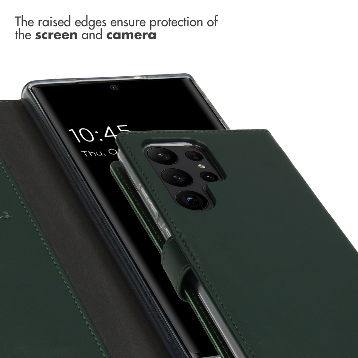 Coque de téléphone verte avec des bords surélevés protégeant l'écran et l'appareil photo.