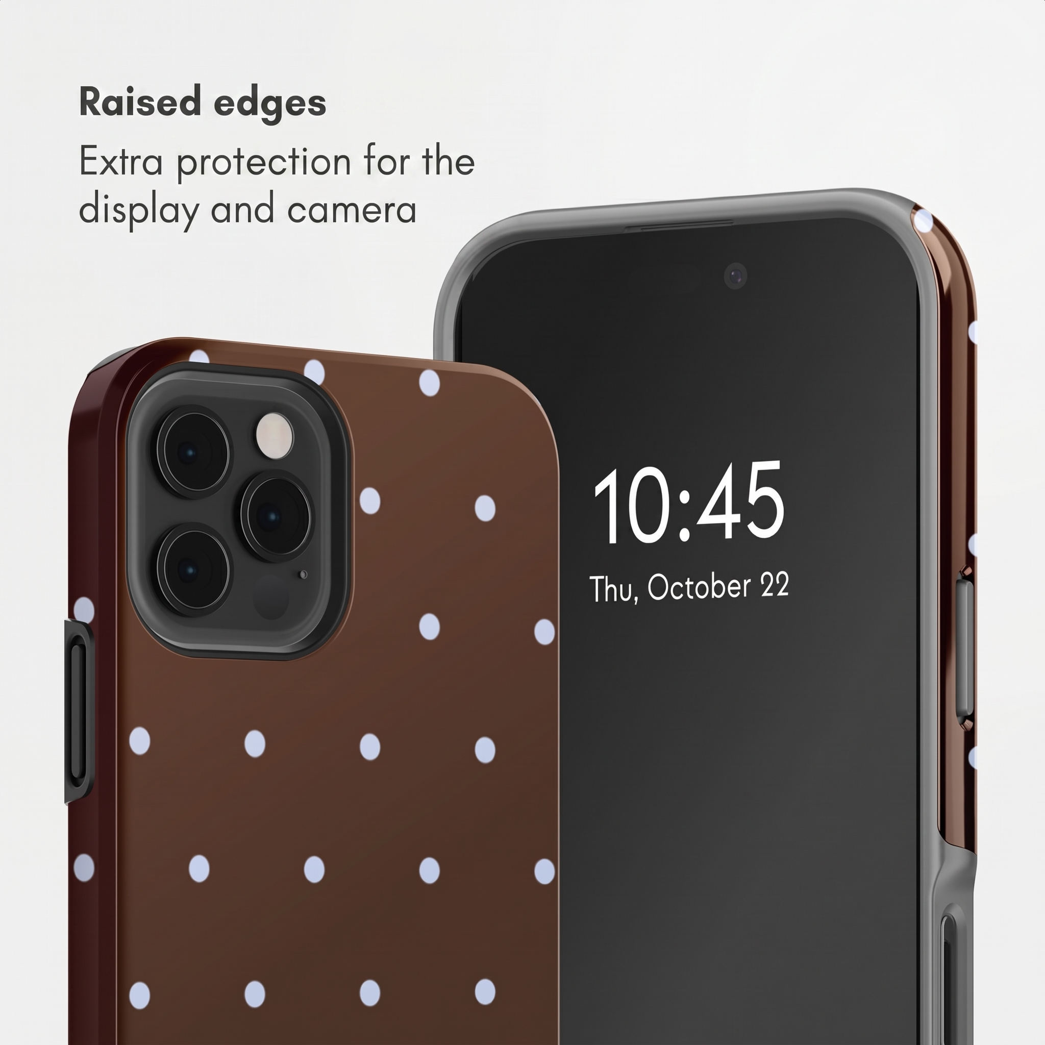 Zwei Smartphones in braunen Hüllen mit weißen Punkten zeigen erhöhte Ränder für Display- und Kameraschutz.
