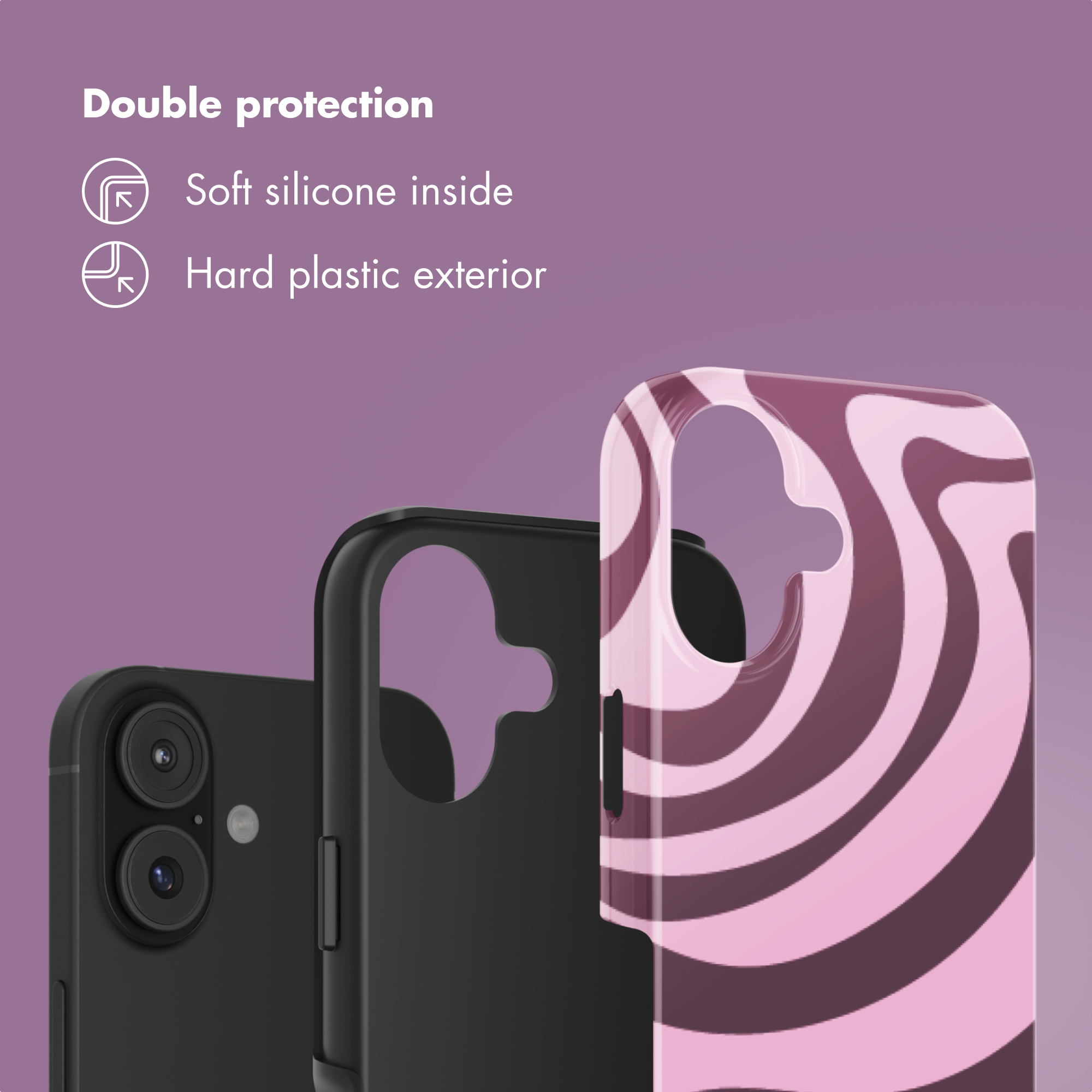 Doppelter Schutz mit weichem Silikon innen und harter Plastikaußenseite, gezeigt an Smartphone-Hüllen.