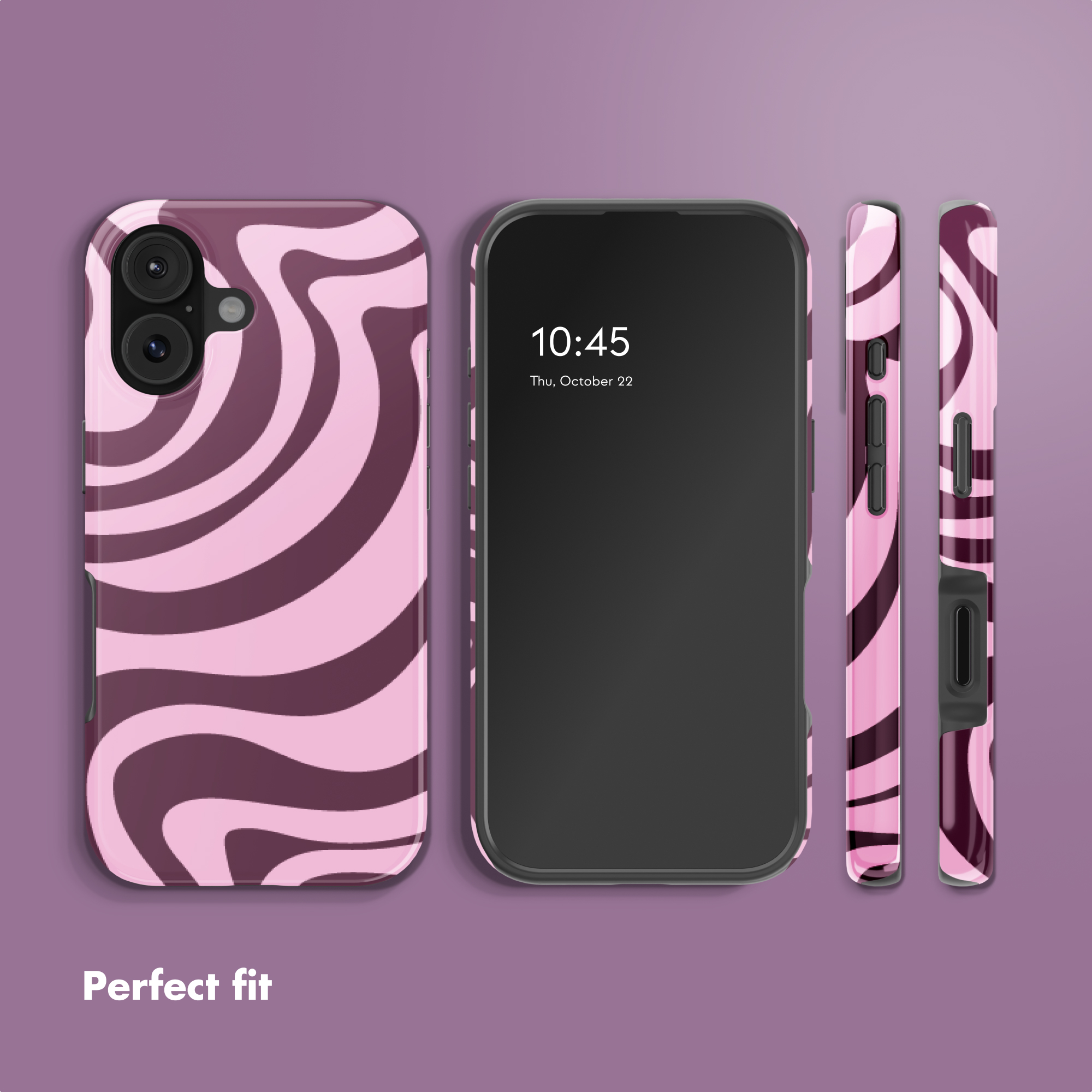 Verschiedene Ansichten einer Smartphone-Hülle mit wellenförmigem Rosa- und Lilamuster auf lila Hintergrund.