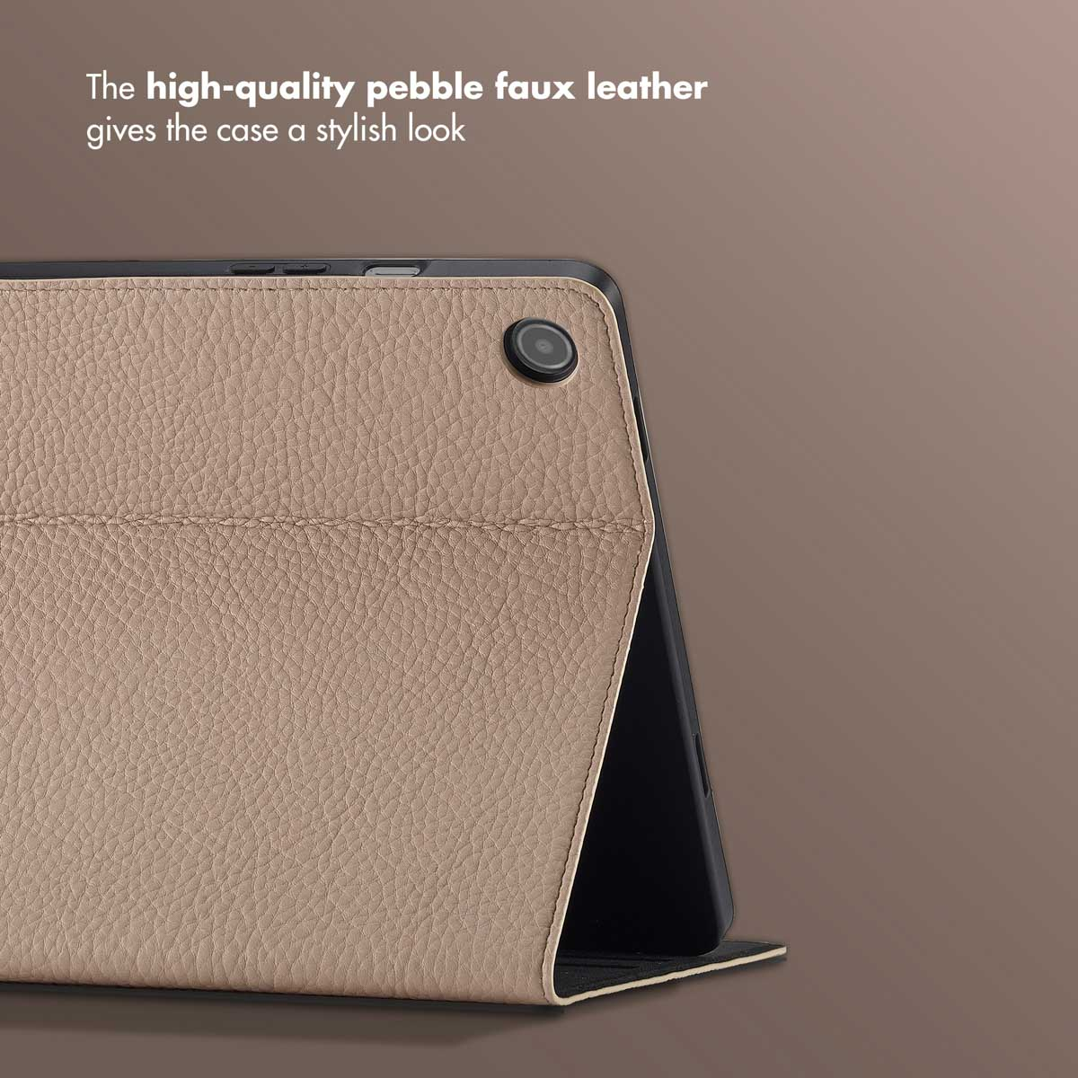 A tablet in a brown faux leather case with a camera cutout against a brown background.