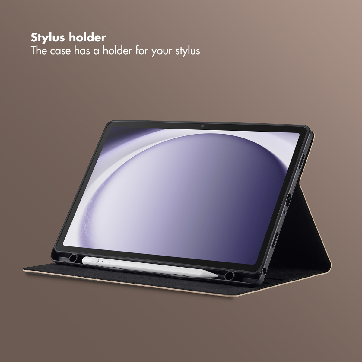 A tablet in a protective case with an integrated stylus holder at the bottom, against a neutral brown background.