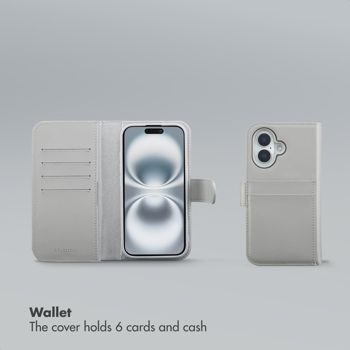 Graue Brieftaschen-Handyhülle mit Kartenfächern, die ein Smartphone auf grautonem Hintergrund zeigt.